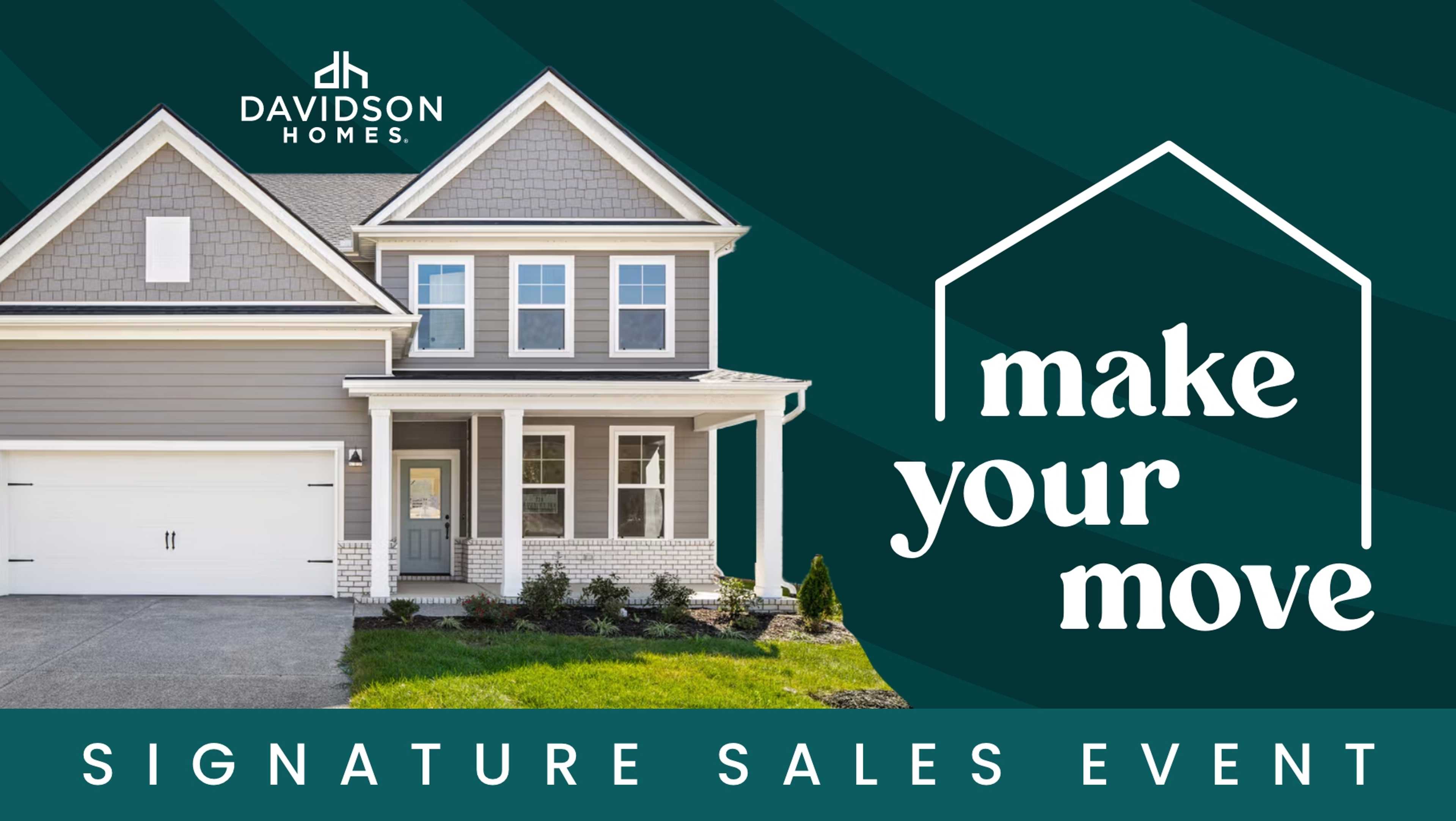 Modern gray Davidson Homes exterior on green lawn, with "Make Your Move" Signature Sales Event promo for 6% Flex Cash, appliances & blinds