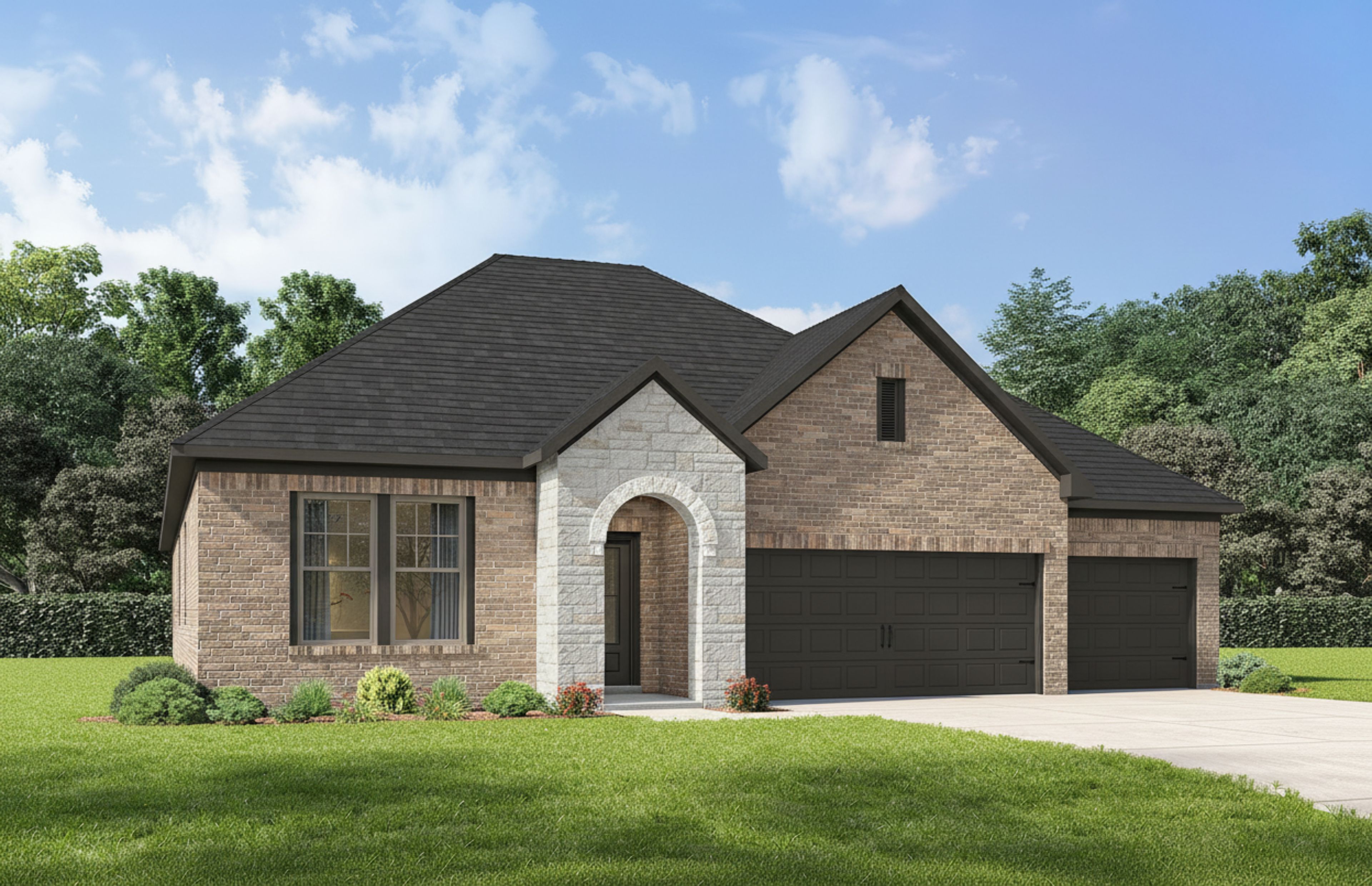 The Laurel N single-family home by Davidson Homes featuring a brick and stone exterior with a 3-car garage in Dayton, TX.