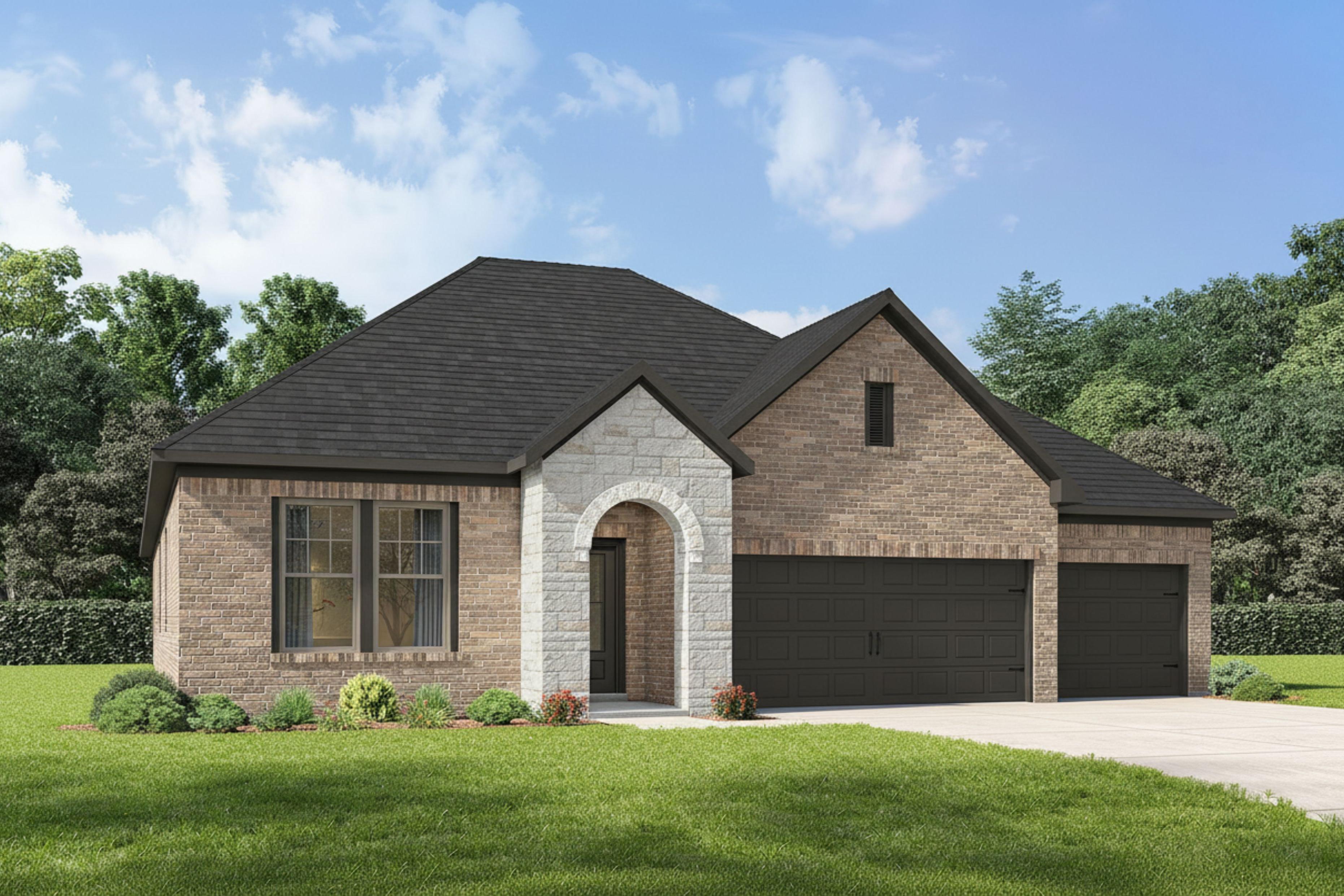The Laurel N single-family home by Davidson Homes featuring a brick and stone exterior with a 3-car garage in Dayton, TX.
