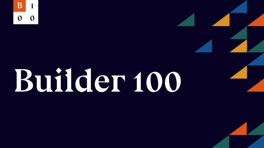 Builder Magazine 2020 Next 100 List graphic featuring bold white text and colorful geometric triangles on dark blue background