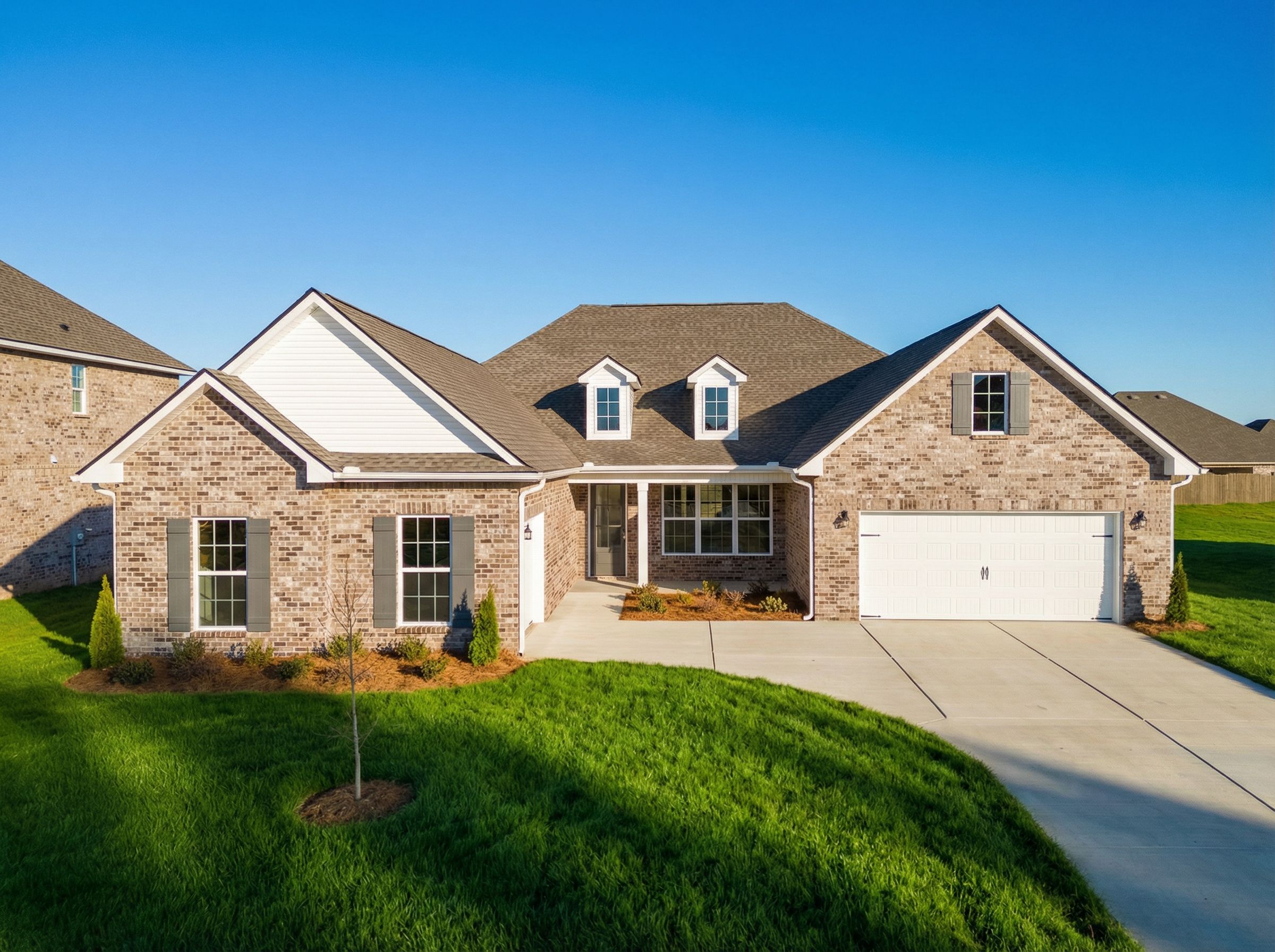 Modern single-story brick home elevation of The Valencia with 3-car garage, dormers, and landscaped yard in Meridianville