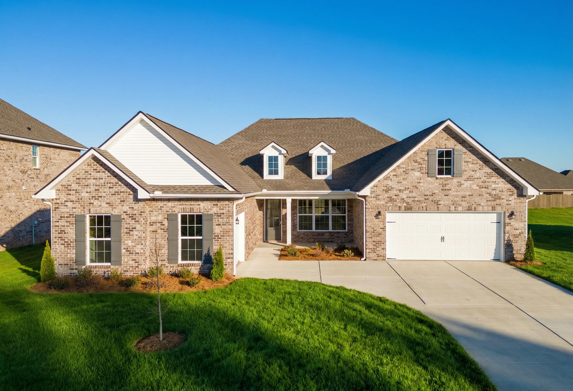 Modern single-story brick home elevation of The Valencia with 3-car garage, dormers, and landscaped yard in Meridianville