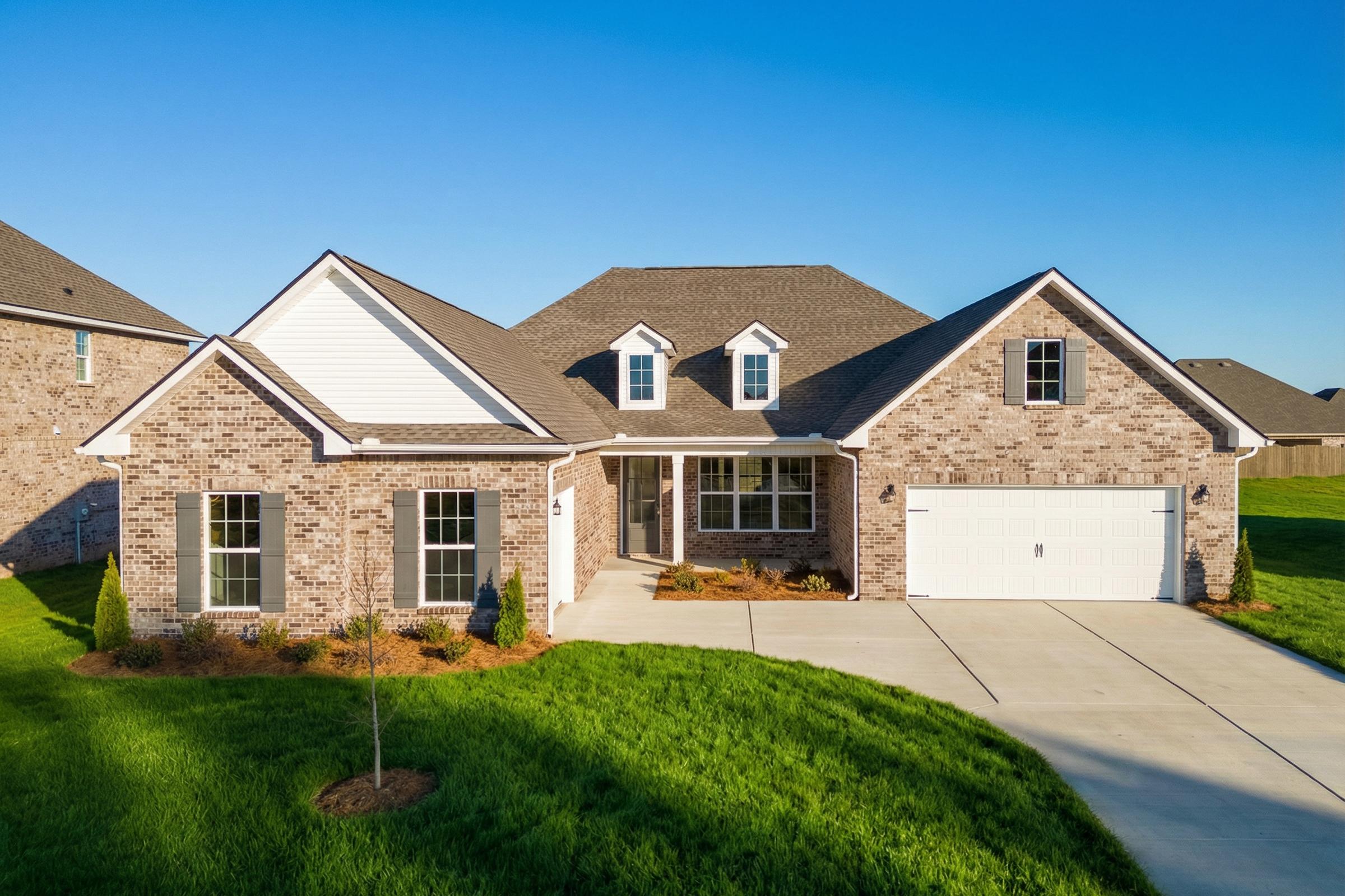 Modern single-story brick home elevation of The Valencia with 3-car garage, dormers, and landscaped yard in Meridianville