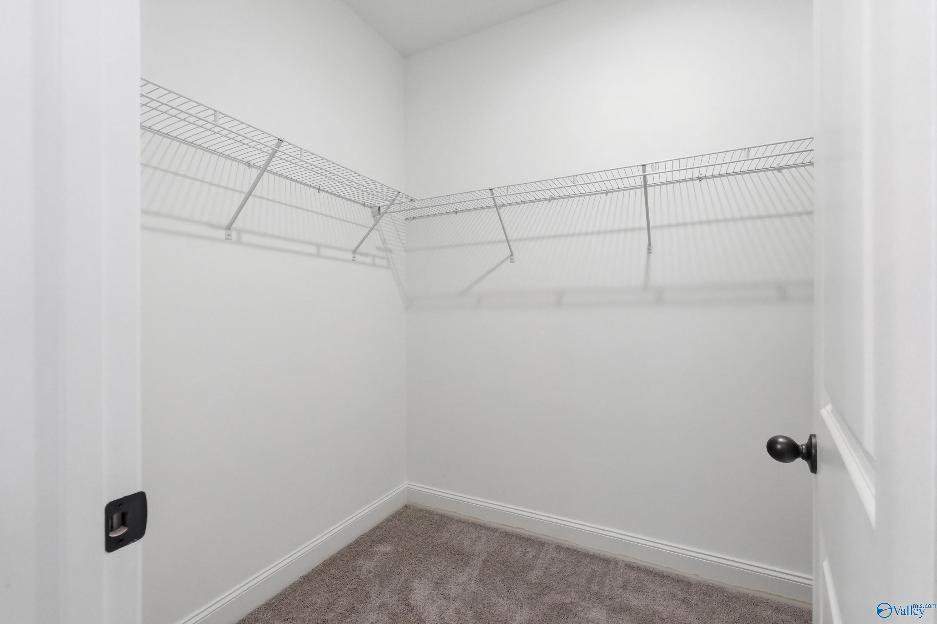 Spacious walk-in closet with wire shelving and beige carpet in Davidson Homes The Franklin, Huntsville, Alabama