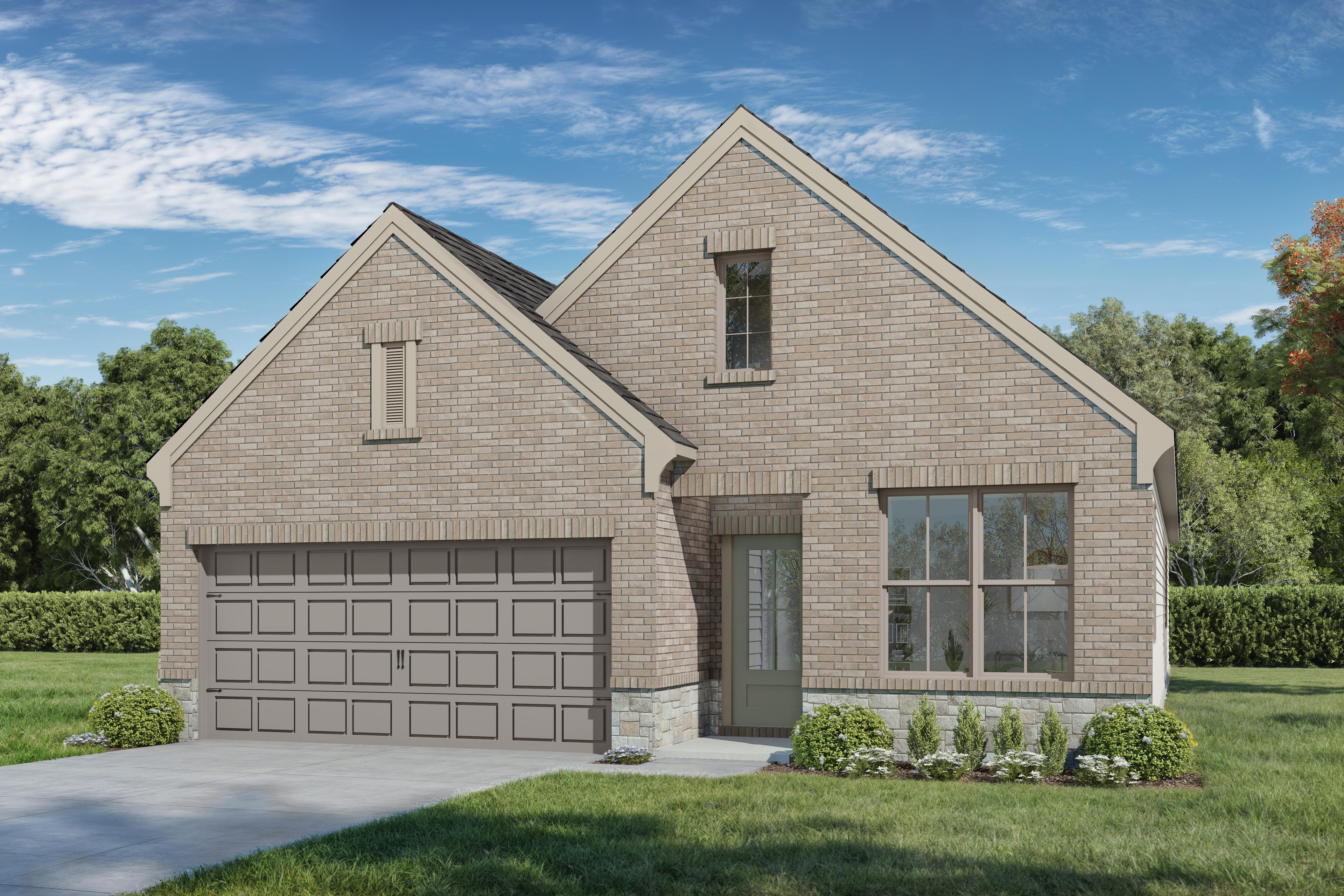 The Greenfield K elevation featuring a brick exterior, one-story design, and a two-car garage in Crosby, Texas.