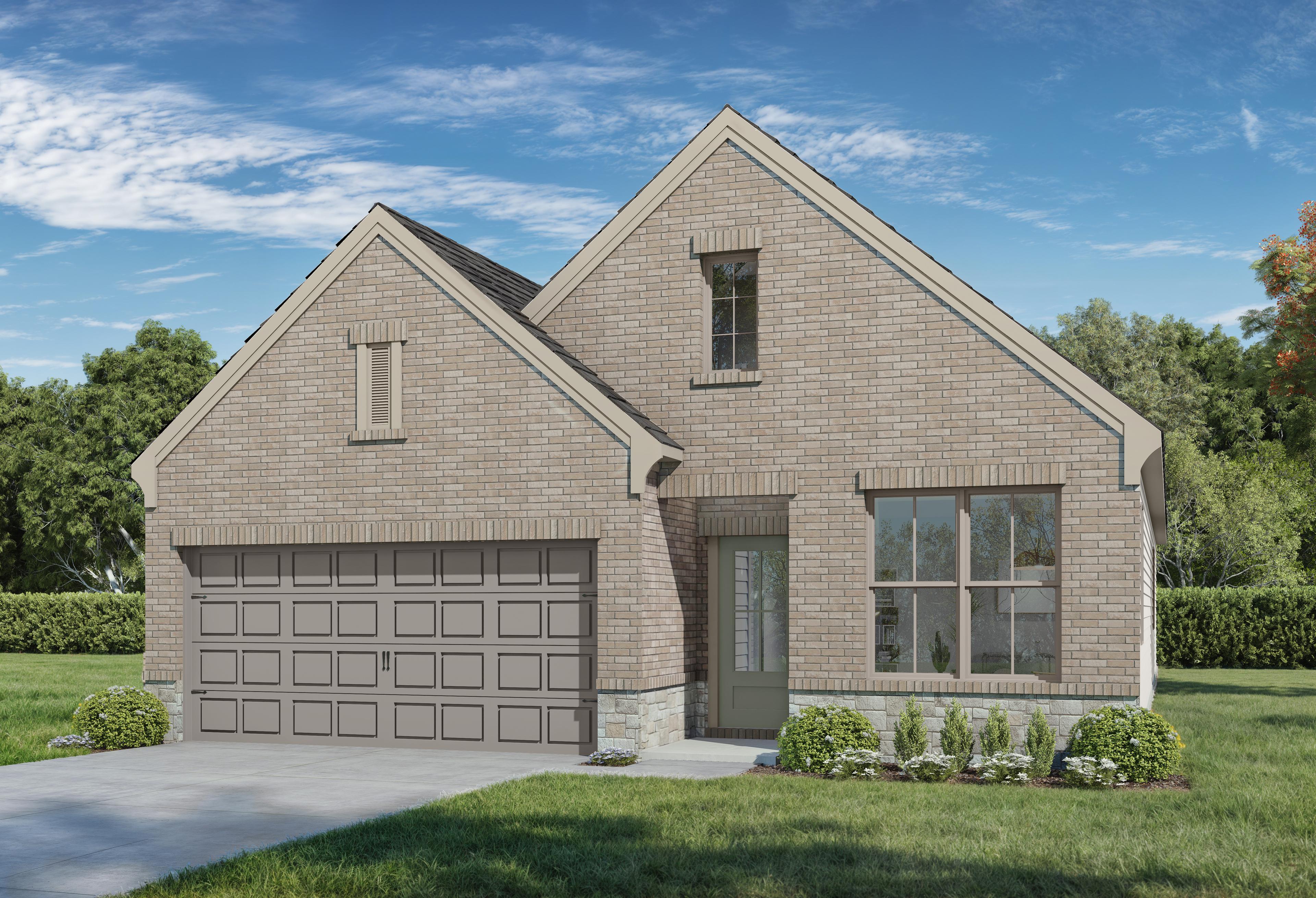 The Greenfield K elevation featuring a brick exterior, one-story design, and a two-car garage in Crosby, Texas.
