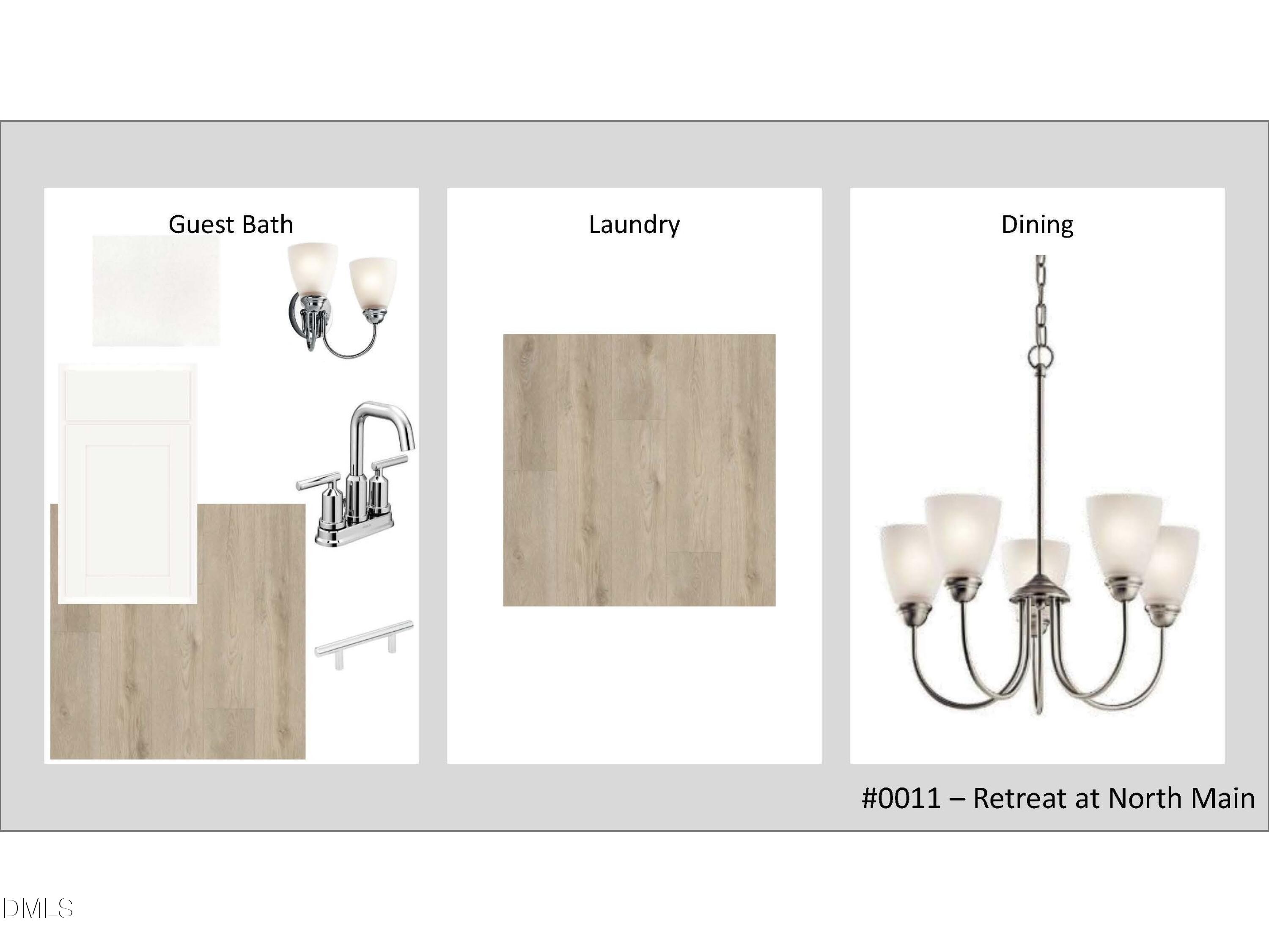 Guest bath with white vanity and chrome faucet, laundry with oak flooring, dining chandelier in Davidson Homes Magnolia B, Lillington, NC