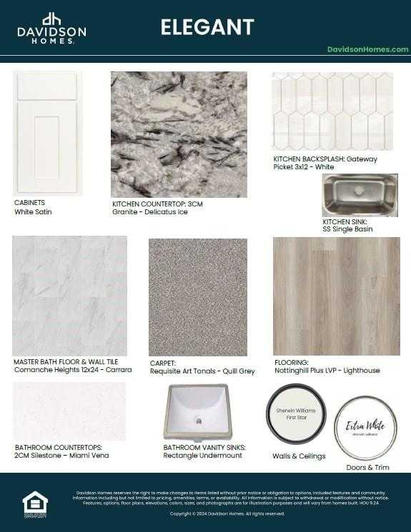 Kitchen material selections with white satin cabinets, countertops, Gateway backsplash for Davidson Homes The Philip C in Rosharon, Texas