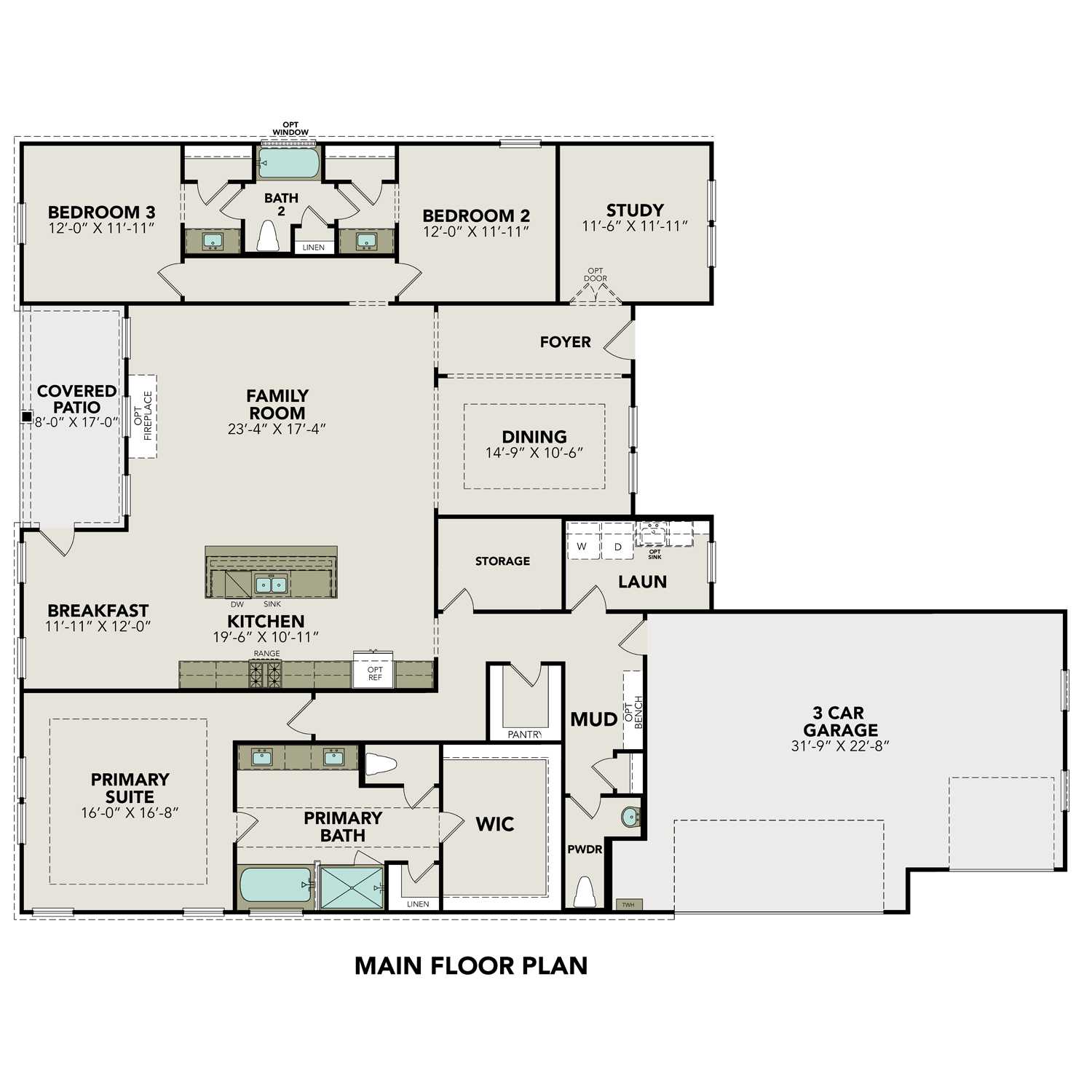 Spacious floor plan of The Foster by Davidson Homes with primary suite, open kitchen, family room, and 3-car garage