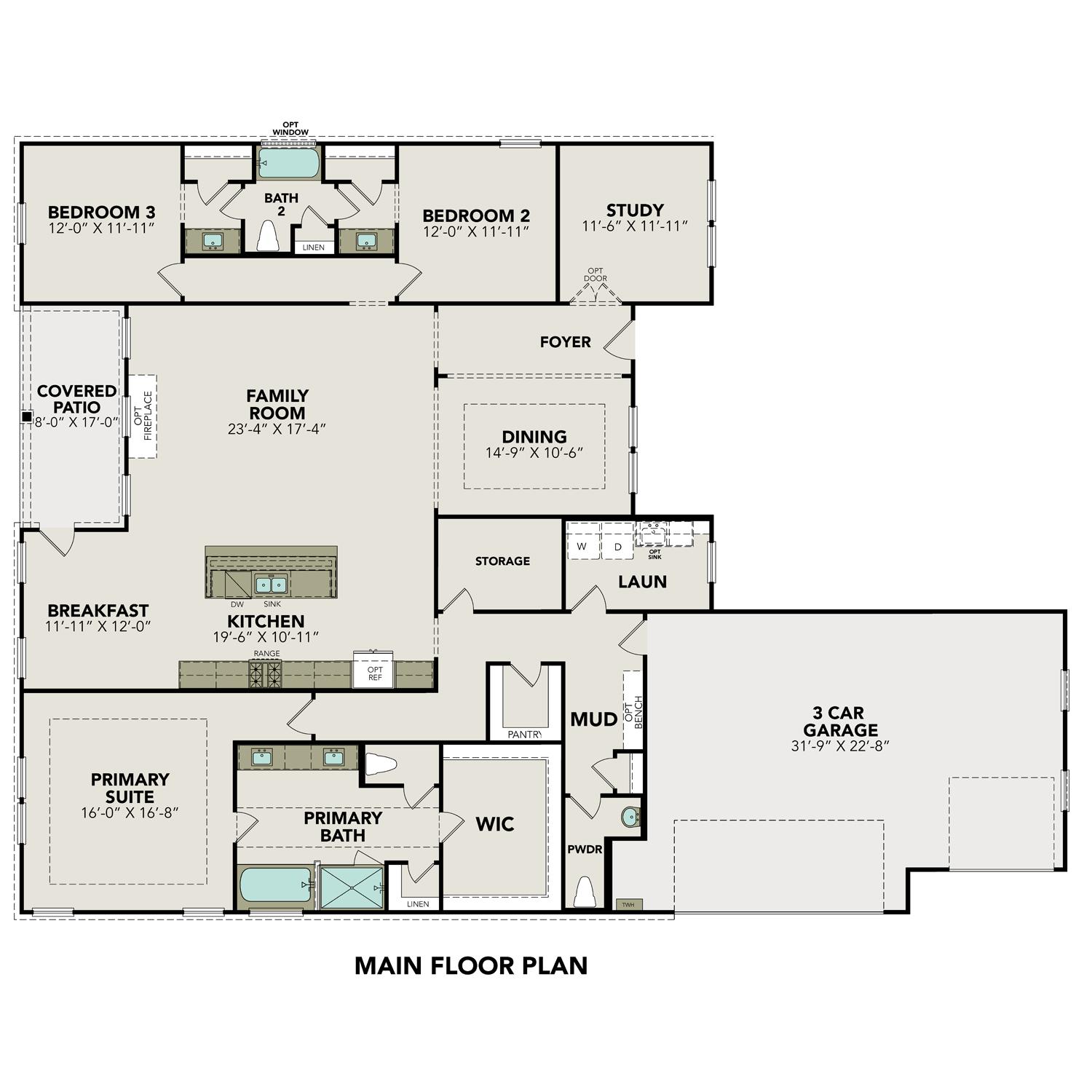 The Foster floor plan by Davidson Homes: spacious single-story layout with master suite, open kitchen, family room, 3-car garage