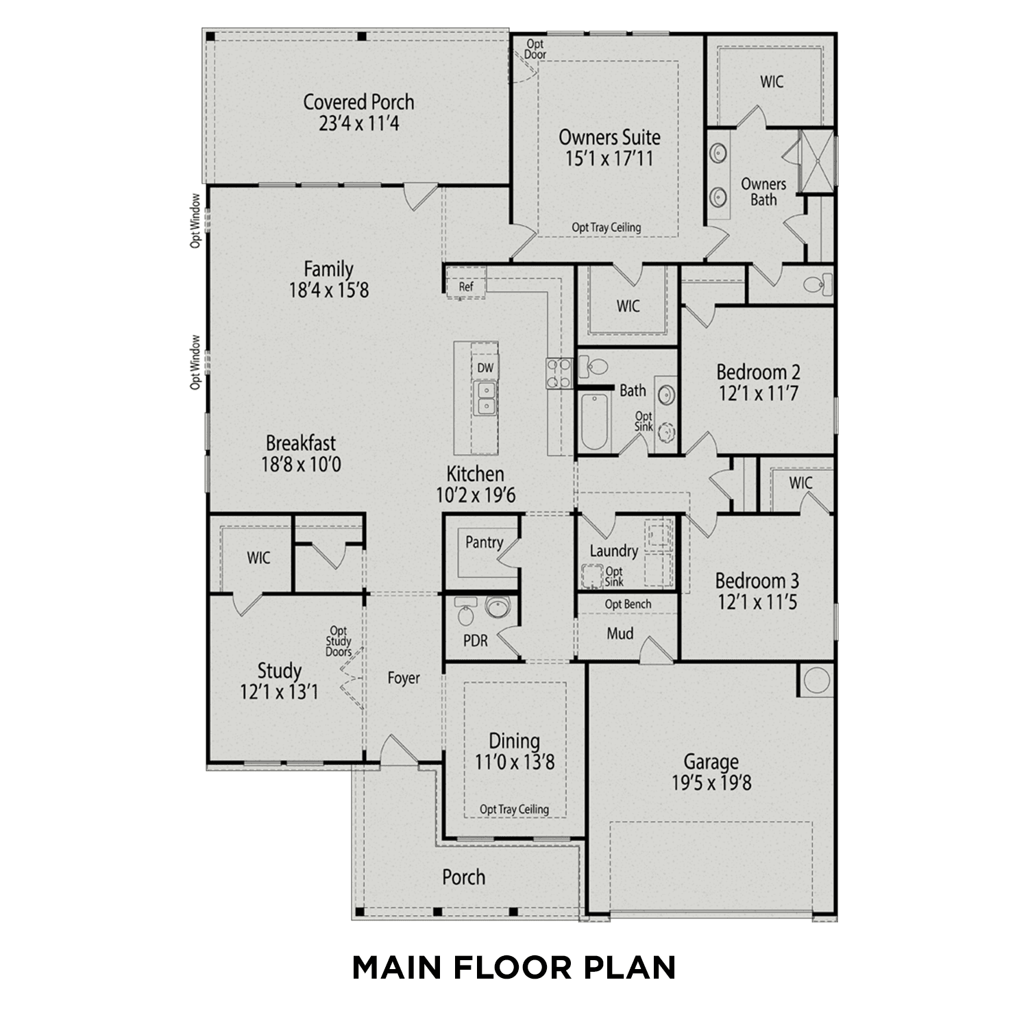 The Magnolia A first floor plan: open-concept kitchen, dining, owners suite, 3-4 bedrooms, 2-car garage in Wendell NC