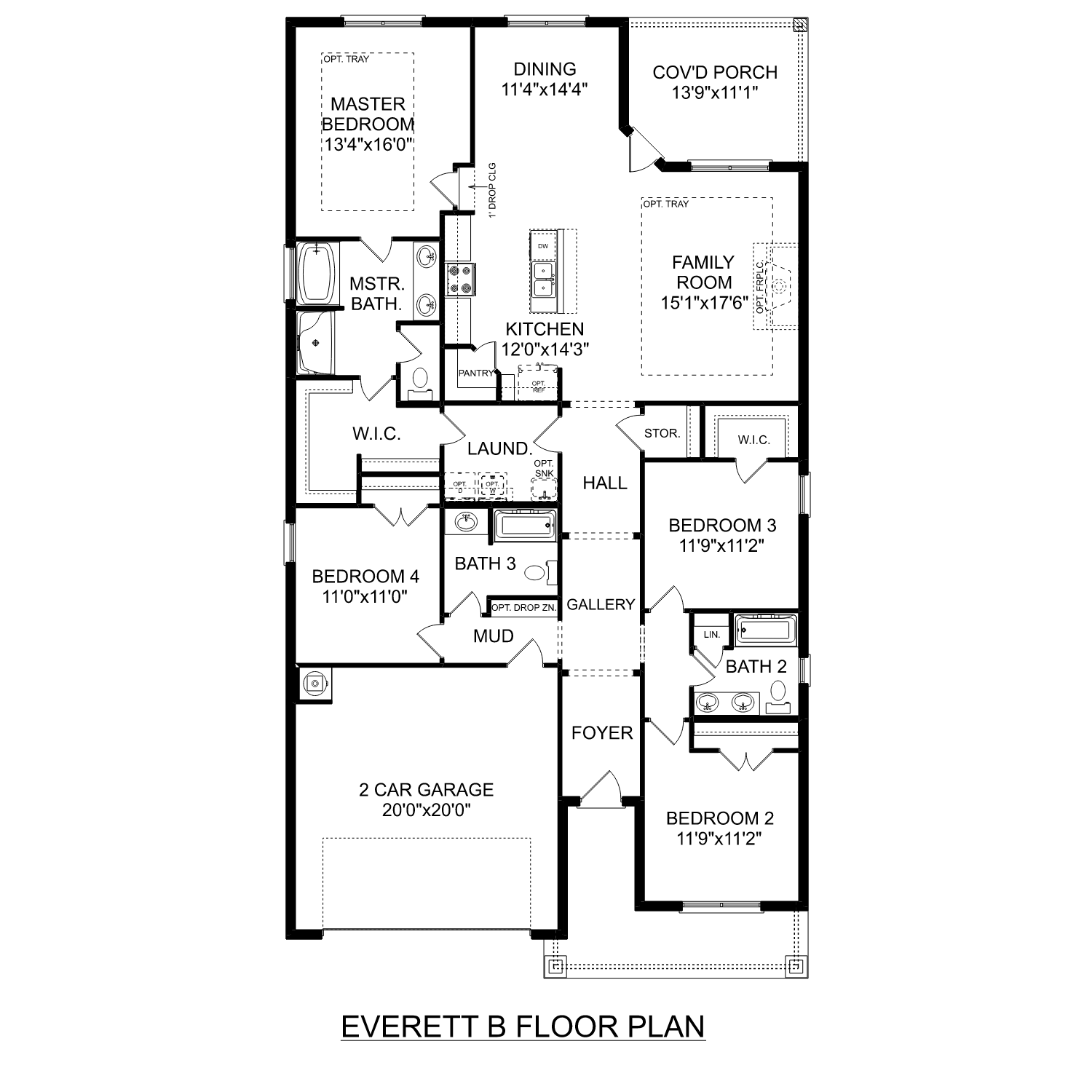 Everett B single-story floor plan with 4 bedrooms, 3 baths, open kitchen-family room, master suite, and 2-car garage