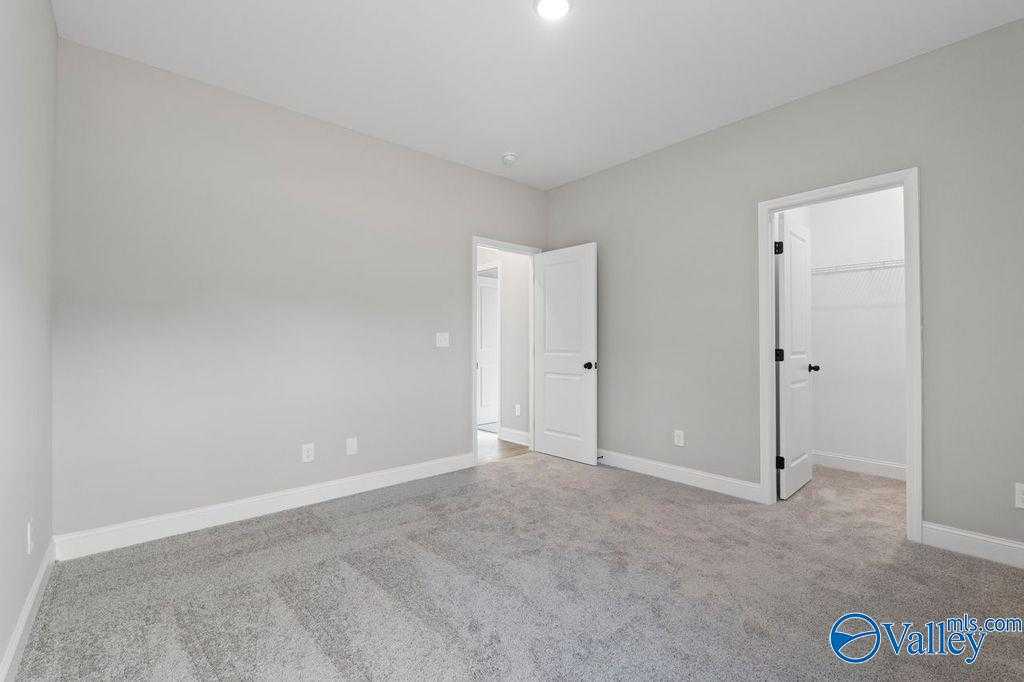 Spacious bedroom with gray walls, plush carpet, and open closet door in Davidson Homes The Montgomery B, Hartselle, Alabama