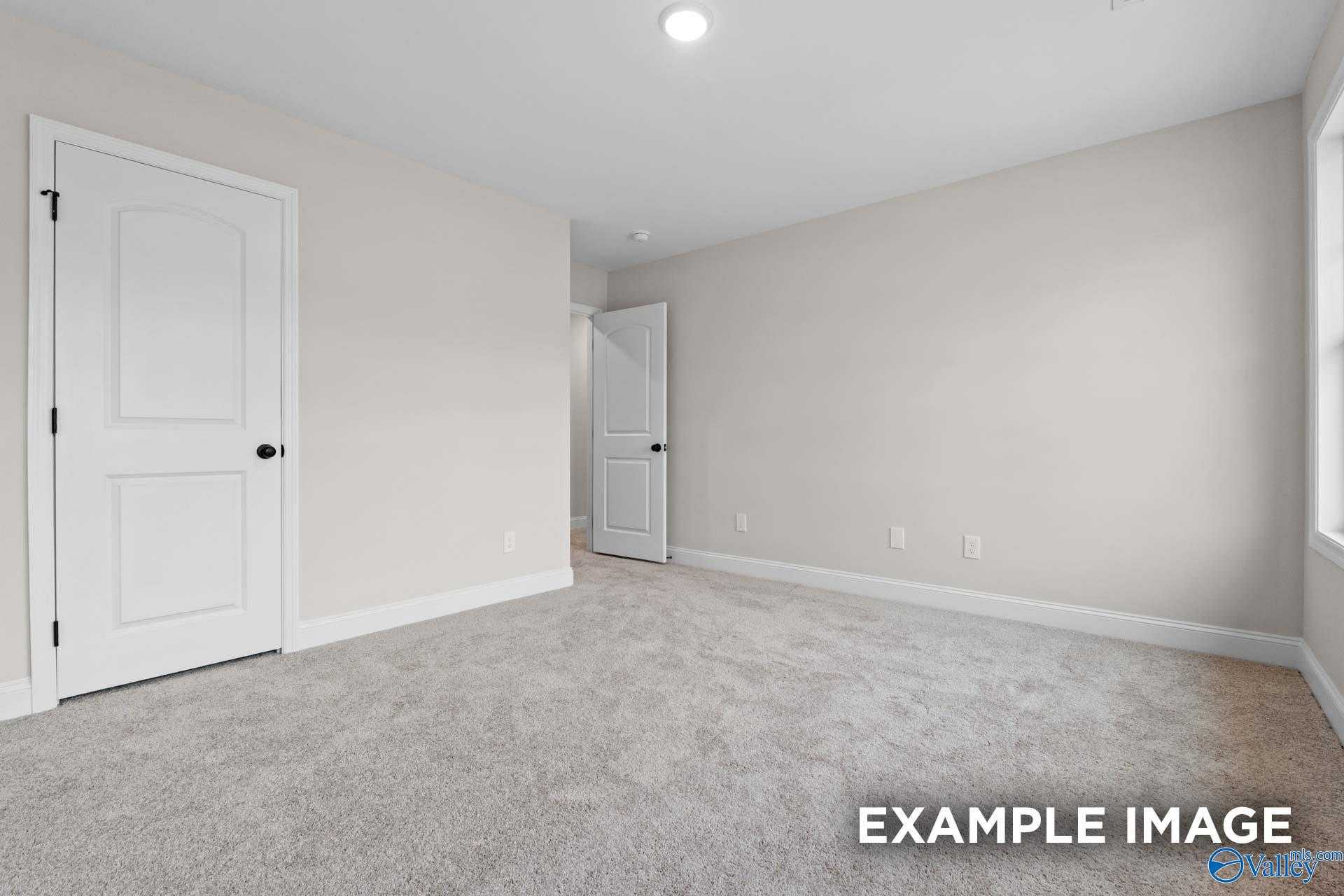Bright master bedroom with neutral walls, white doors, plush carpet, and window in Davidson Homes The Camden D, Huntsville