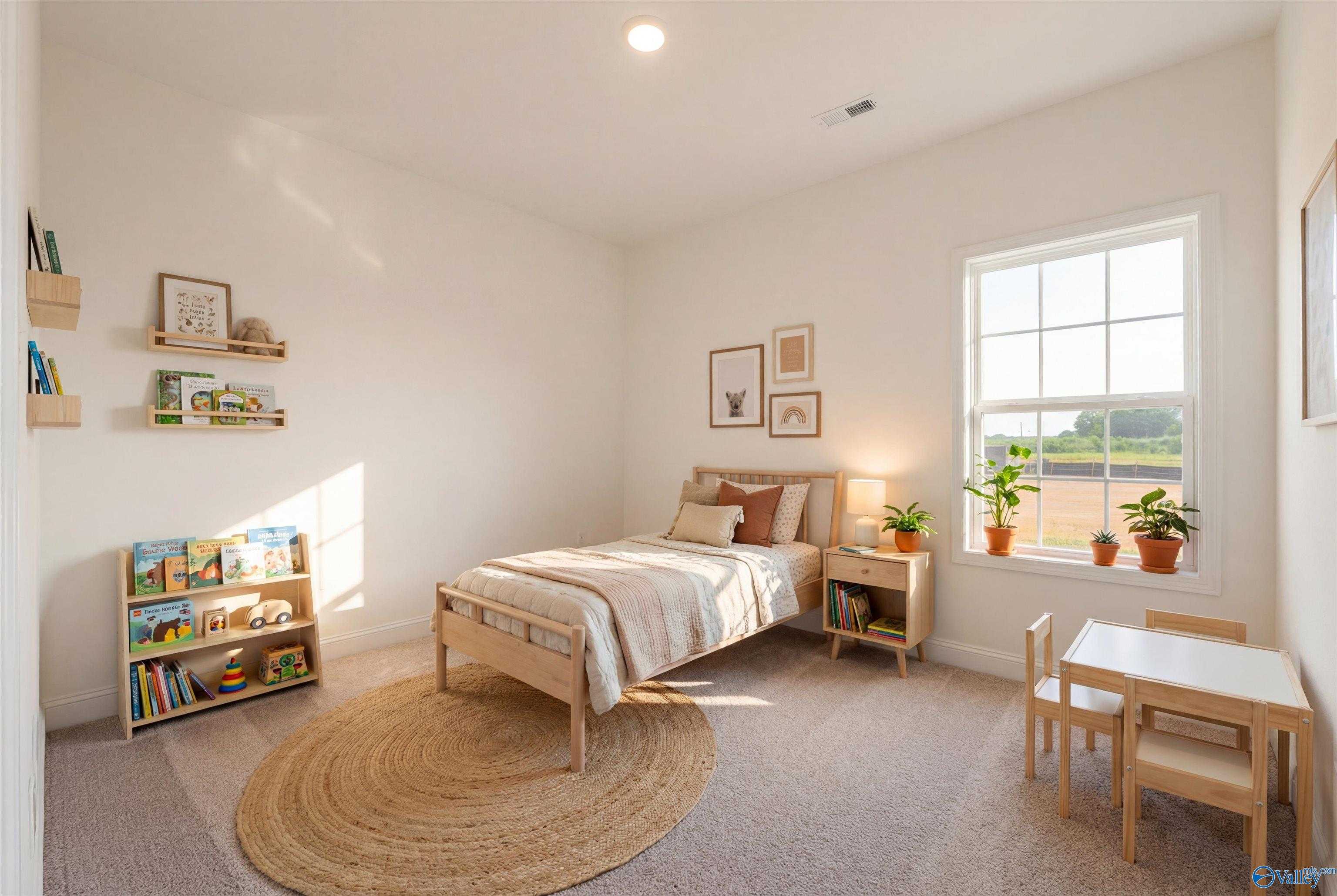 Cozy child's bedroom with wooden twin bed, bookshelves, play table, plants, and wall art in Davidson Homes Rockford B, Toney, Alabama