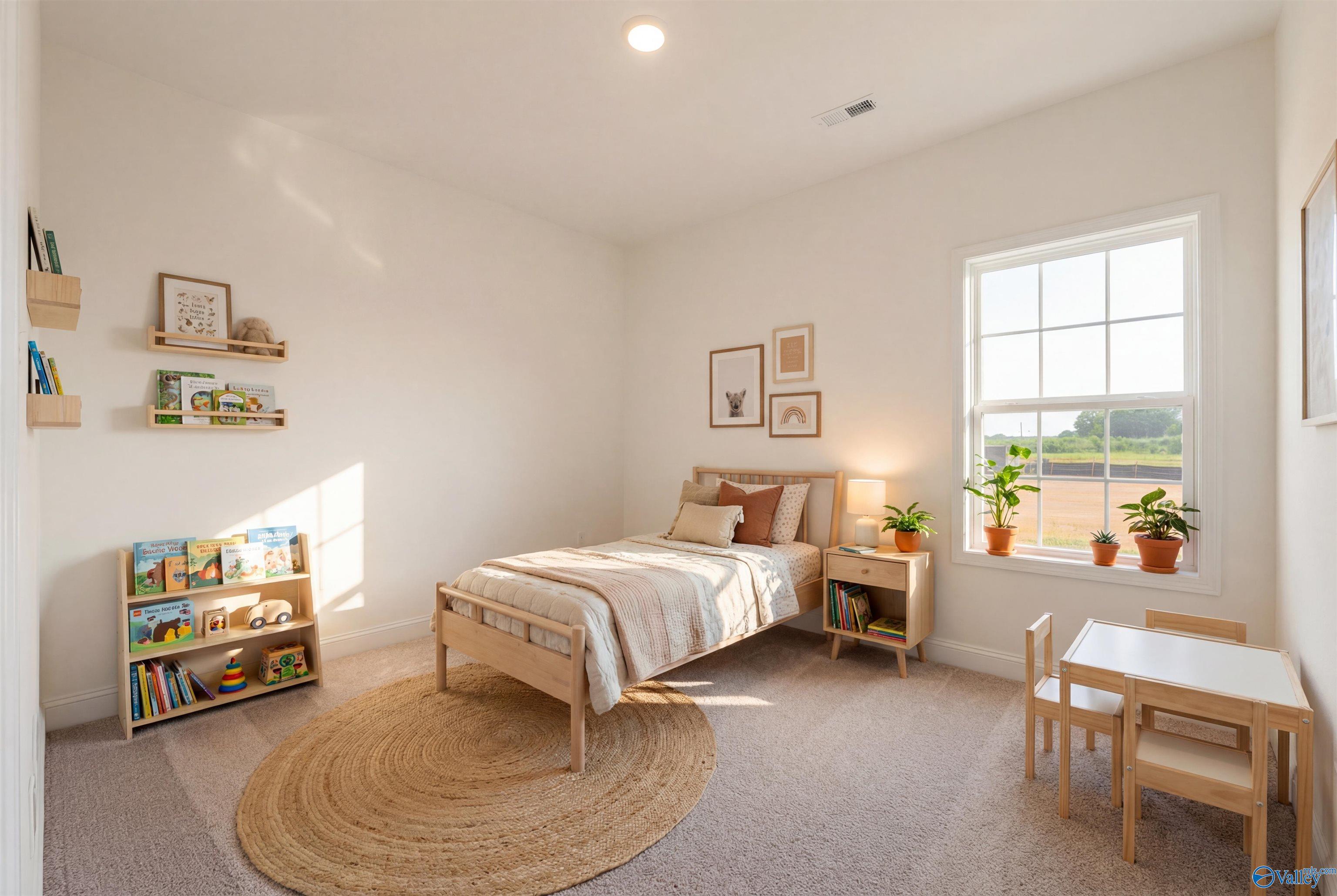 Sunlit children's bedroom with twin bed, jute rug, bookshelves, and play table in Davidson Homes The Rockford B, Toney, Alabama