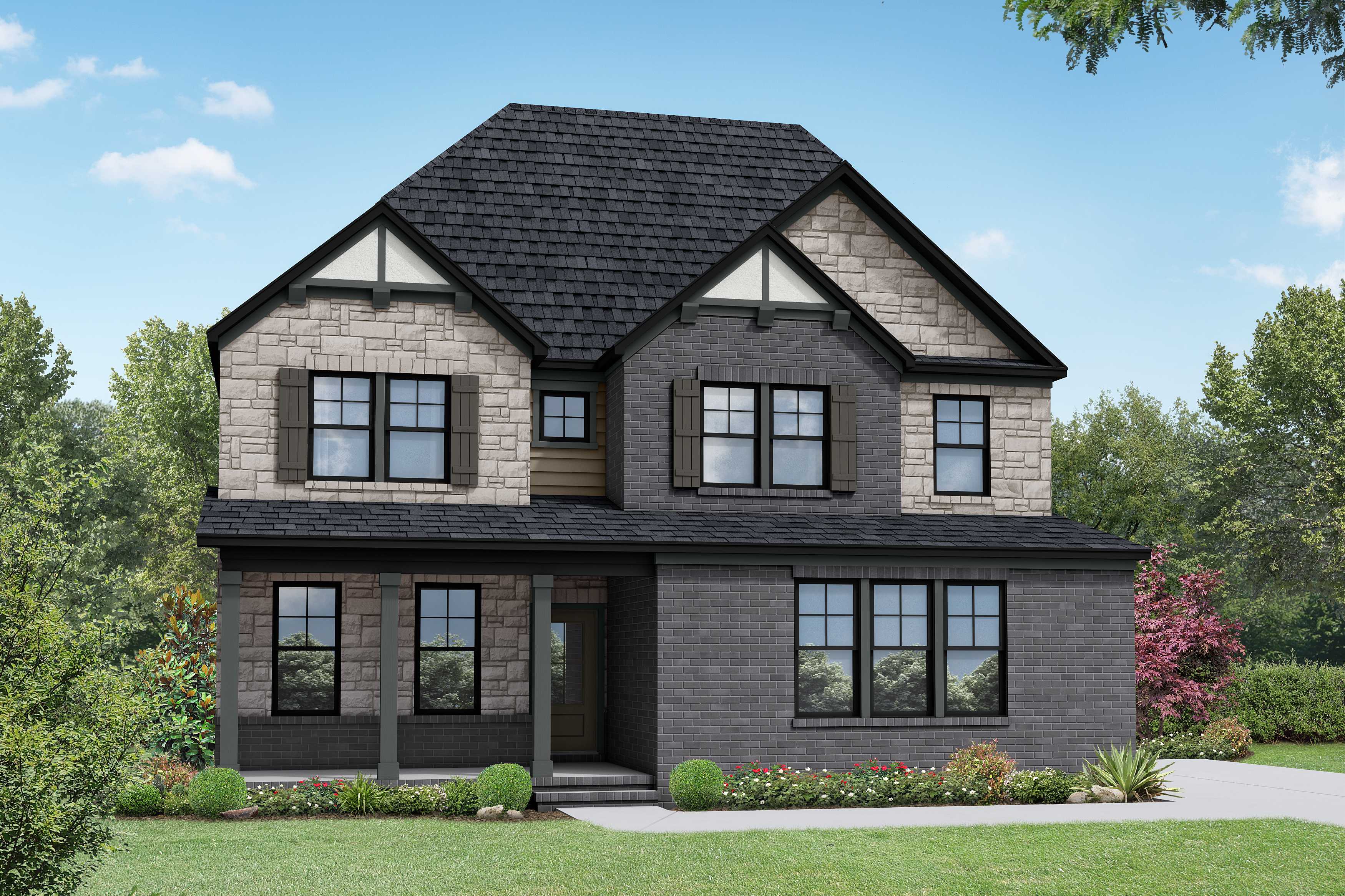 Two-story Willow D elevation by Davidson Homes featuring stone and siding exterior, black trim, covered porch in Mt. Juliet