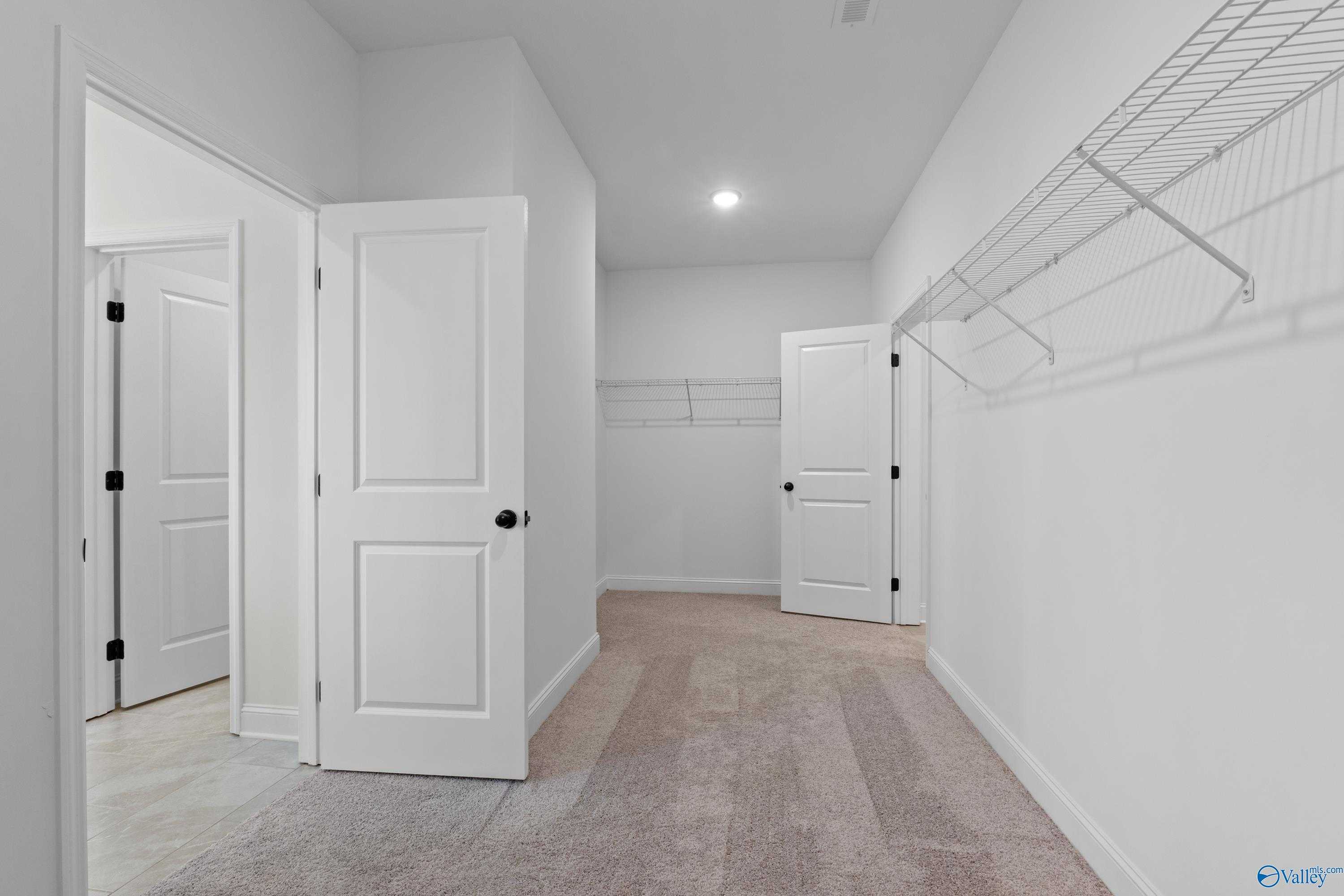 Spacious walk-in closet with wire shelving, hanging rods, and adjacent bedroom doors in Davidson Homes The Rockford B, Toney, Alabama