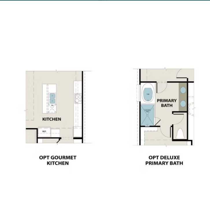 Gourmet kitchen with island and deluxe primary bath with tub-shower combo in Sequoia O floor plan, Royse City, TX