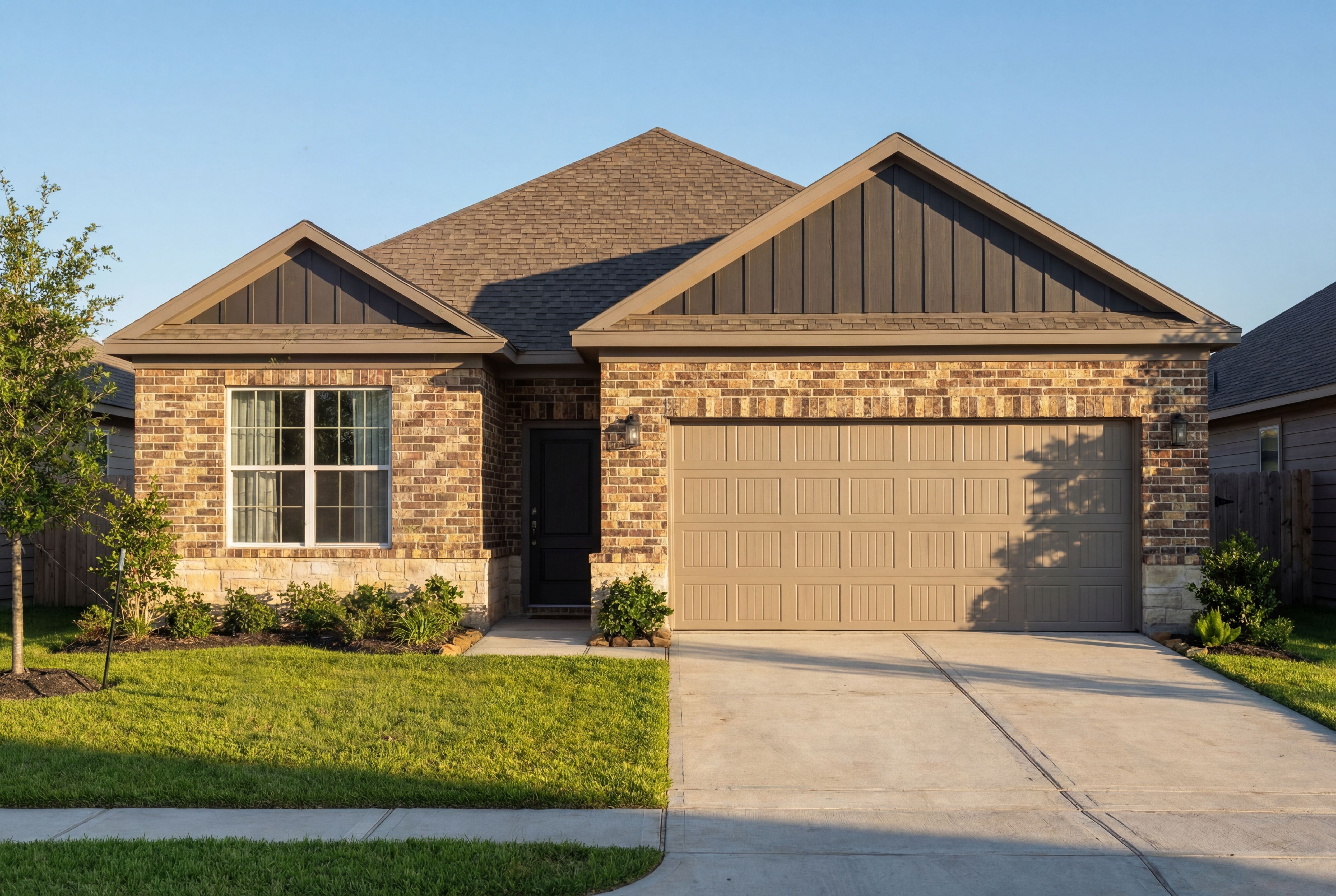 The Everett single-story home exterior by Davidson Homes in Crosby Texas featuring gabled roof, brick accents, and 2-car garage