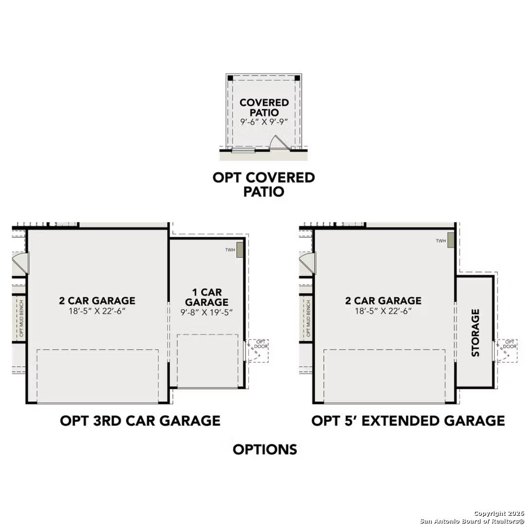 Optional 3rd car garage, extended garage, and covered patio floor plans for Davidson Homes The San Marcos F in Converse, Texas