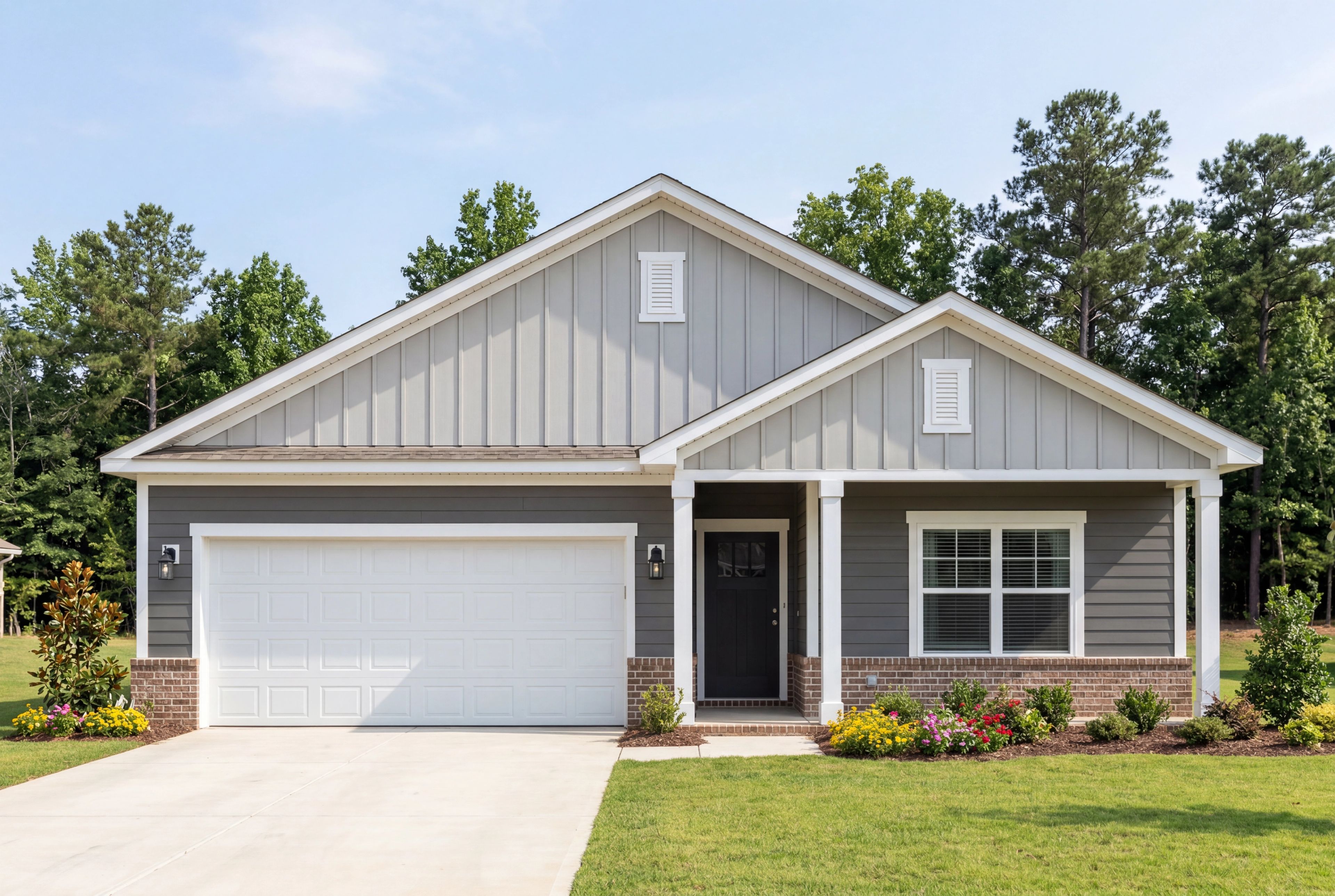 Front elevation of The Franklin D single-family home by Davidson Homes featuring a two-car garage and brick accents.