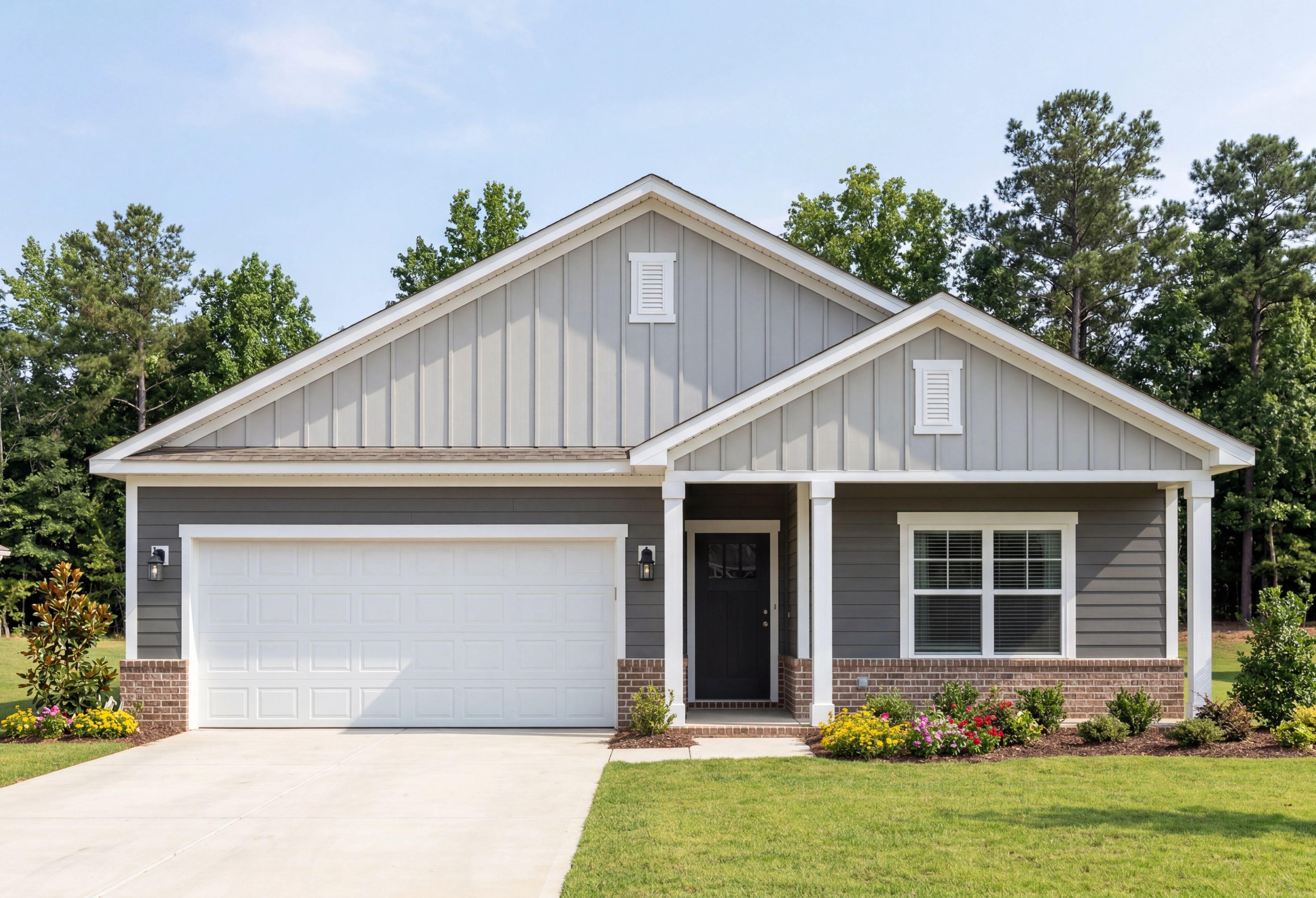 Front elevation of The Franklin D single-family home by Davidson Homes featuring a two-car garage and brick accents.