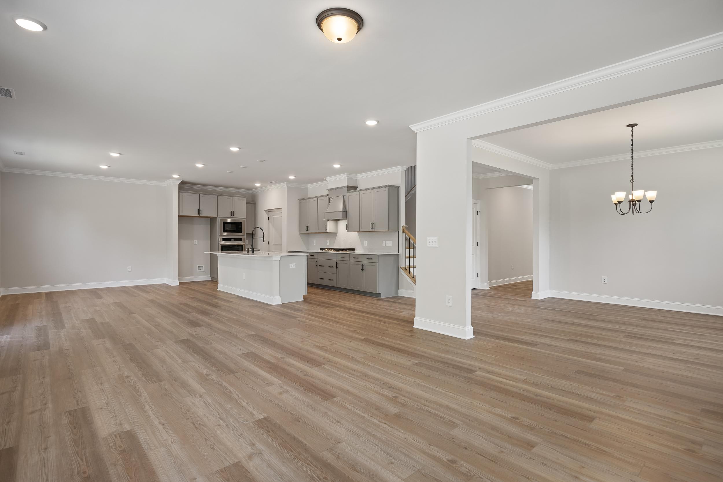 Spacious open-concept kitchen and living area in The Beech A featuring gray cabinets, large island, hardwood floors, and recessed lighting