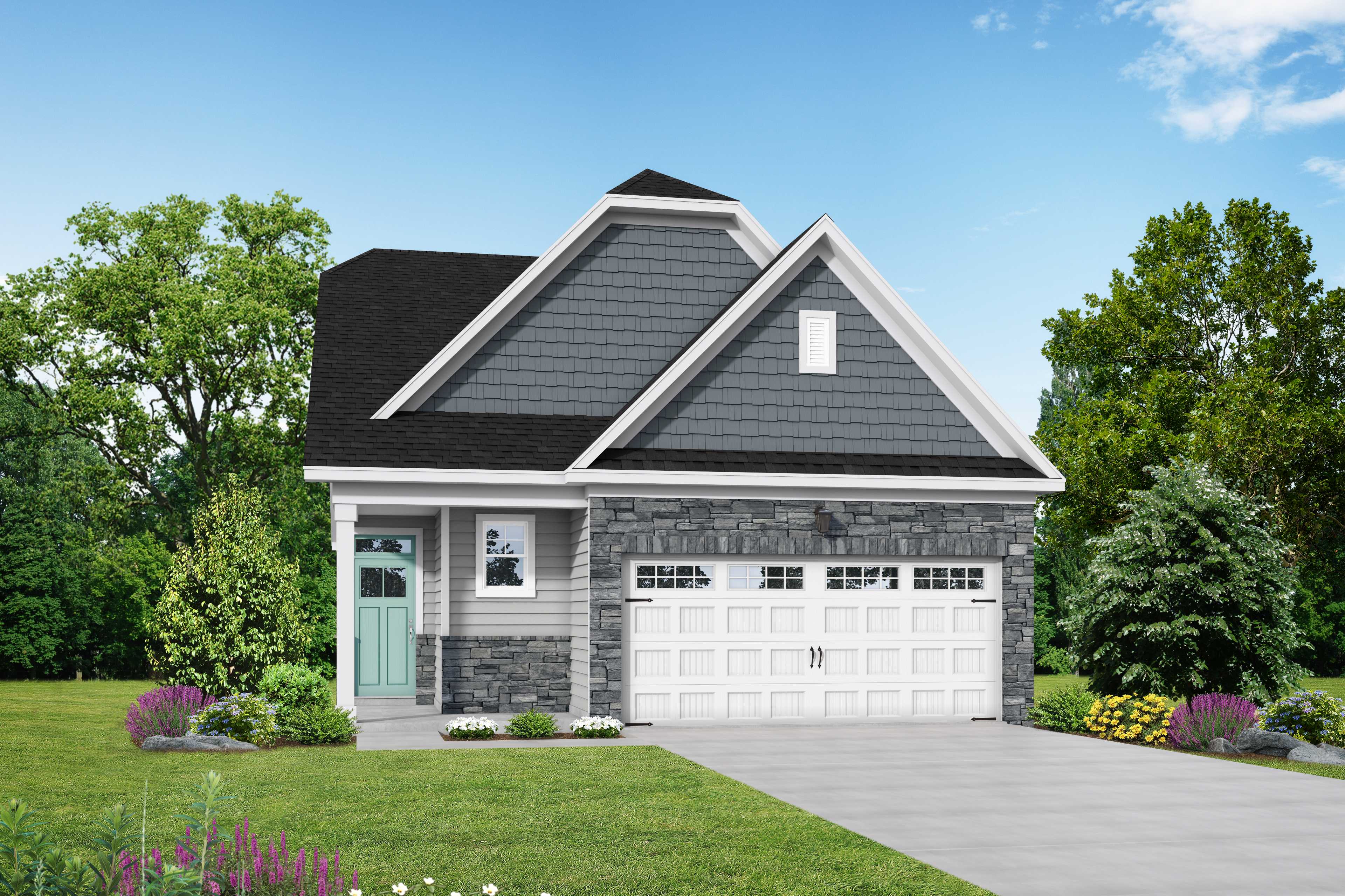 Carter C single-story home elevation: gray siding, stone accents, teal door, 2-car garage, lush landscaping in Lillington NC