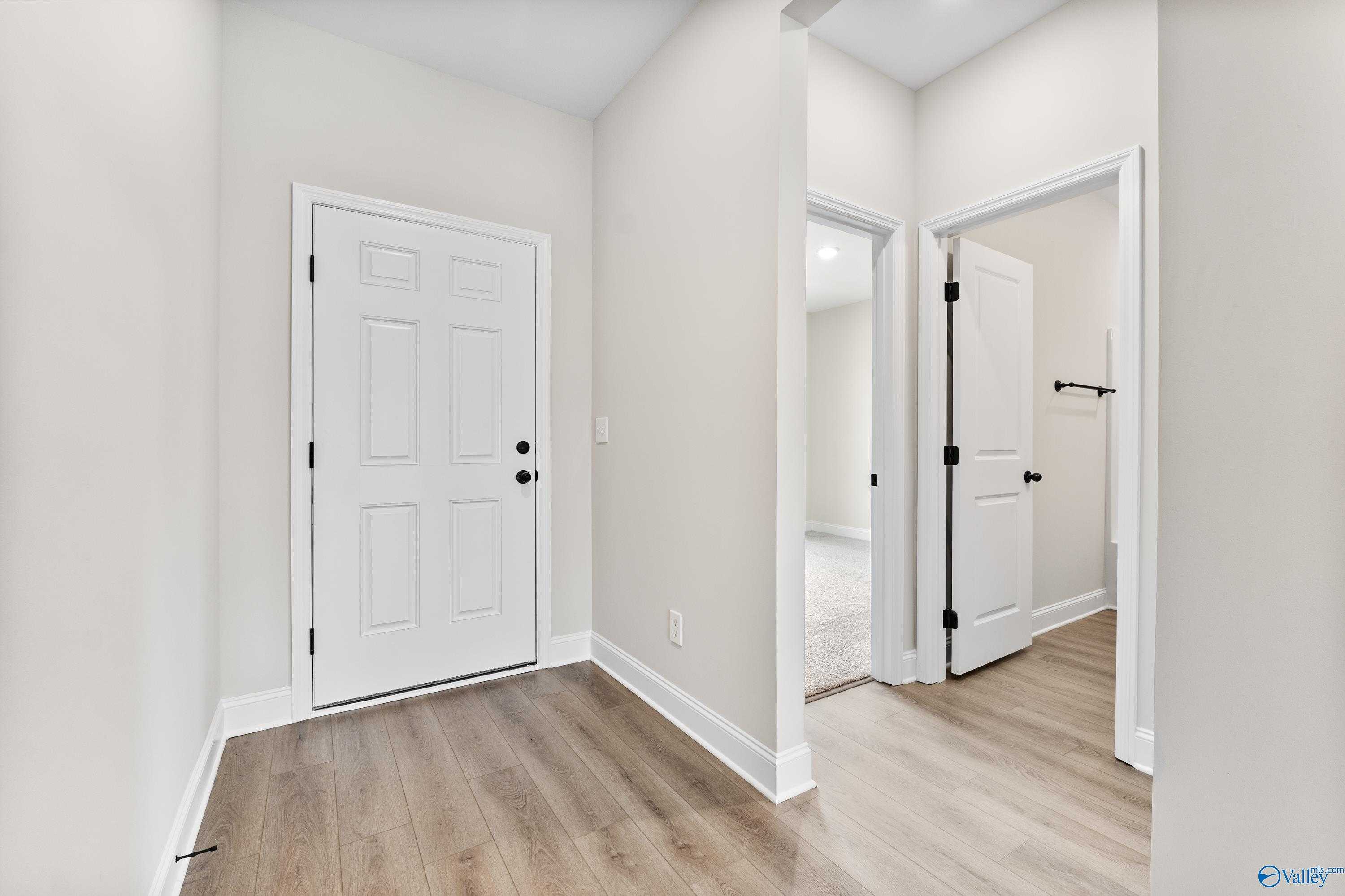 Welcoming entryway with white panel doors and light wood floors in 3-bedroom Davidson Homes The Franklin B, Hazel Green, Alabama