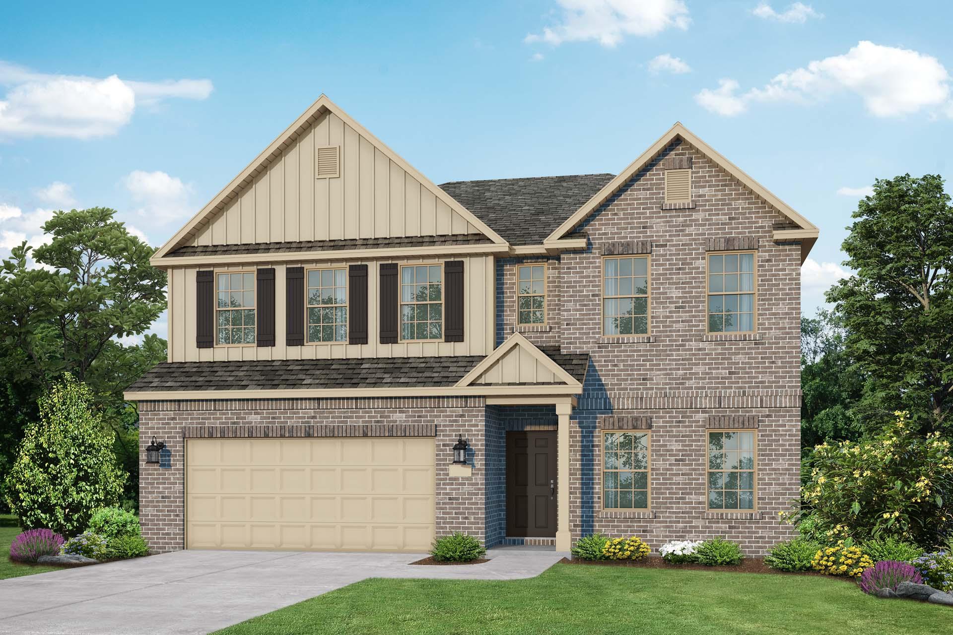 Two-story The Shelby A home elevation featuring brick base, beige siding, 2-car garage, front porch, and lush landscaping