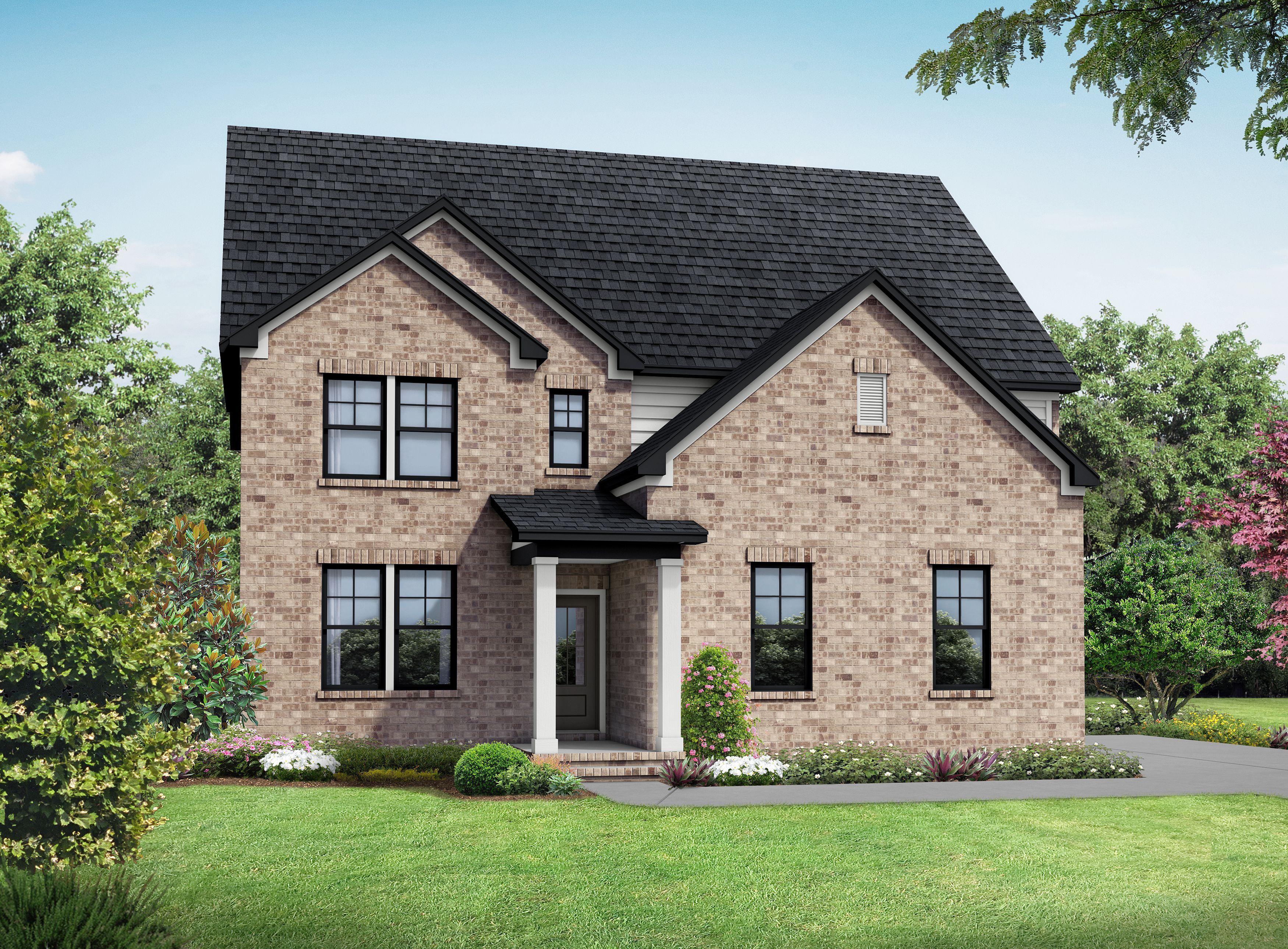 Two-story The Henry A home elevation with brown siding, gabled roof, covered porch, two-car garage, and lush landscaping