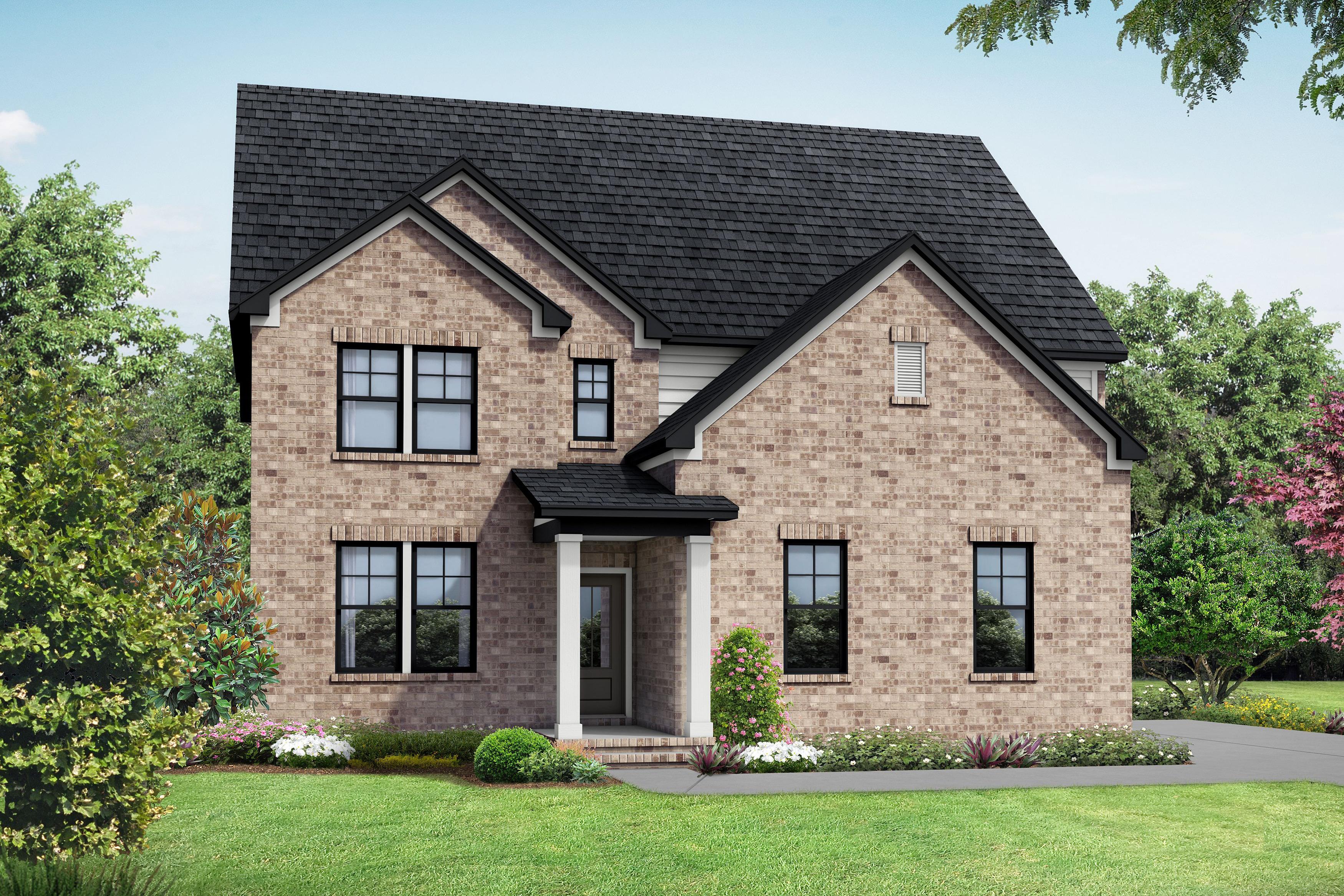 Two-story The Henry A home elevation with brown siding, gabled roof, covered porch, two-car garage, and lush landscaping