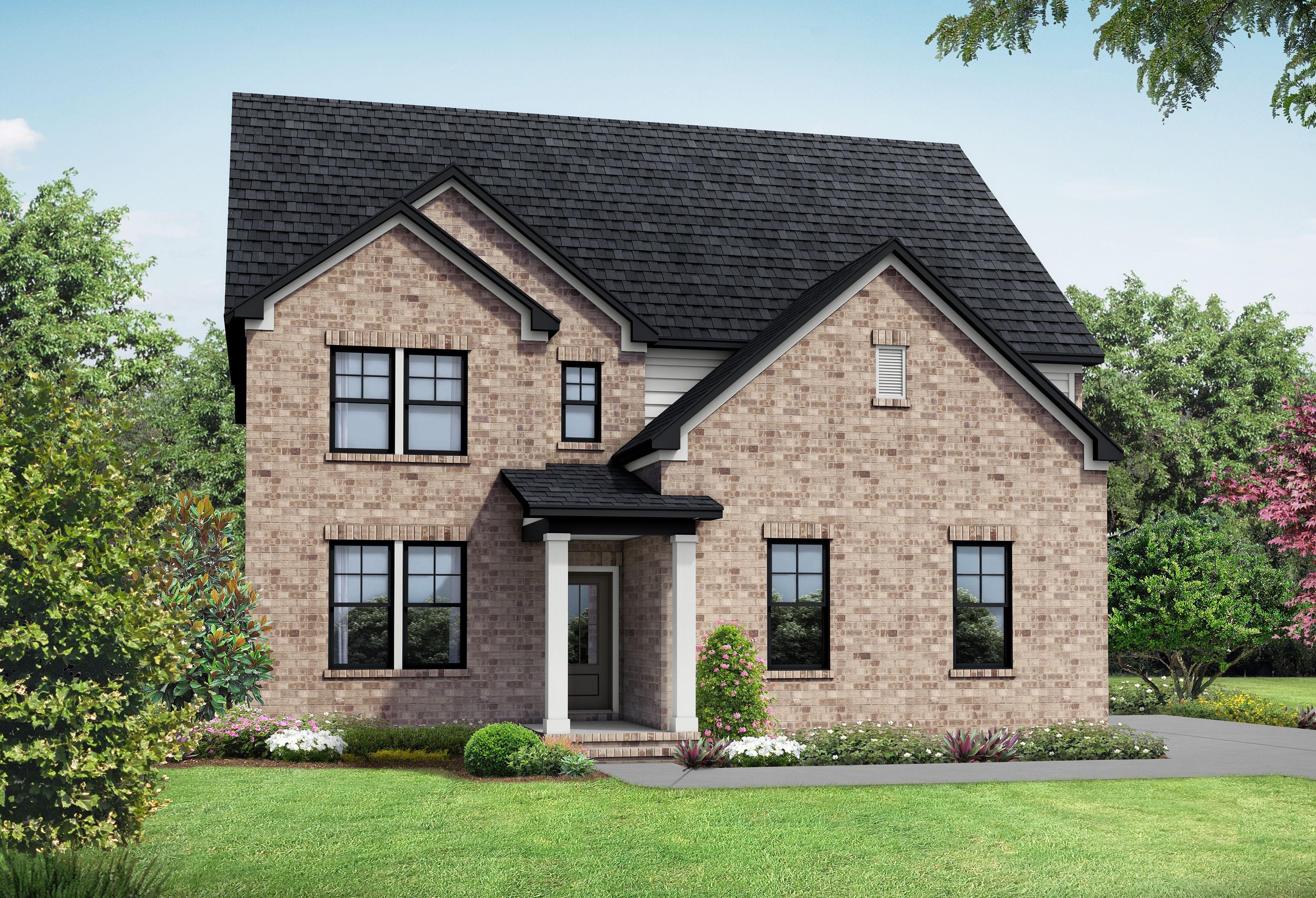 Two-story The Henry A home elevation with brown siding, gabled roof, covered porch, two-car garage, and lush landscaping