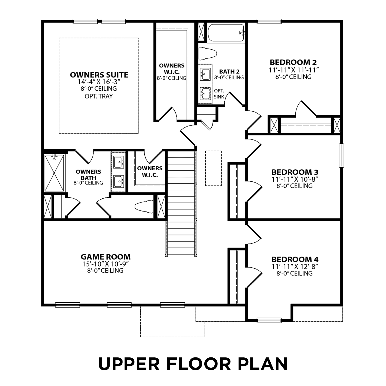 Upper floor plan of The Murray A featuring owner's suite with 9' ceilings, bedrooms 2-4, game room, and full baths
