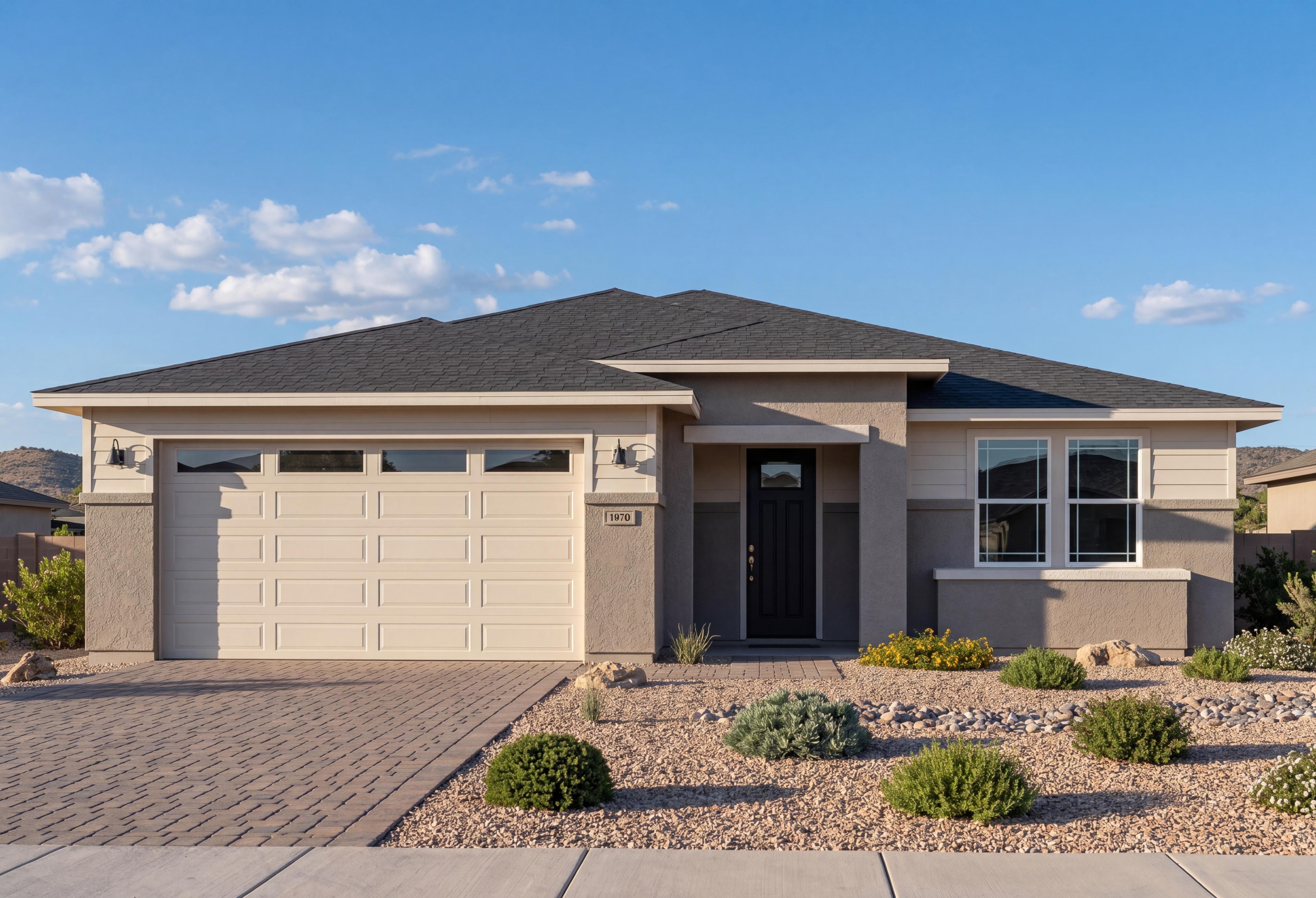 Modern exterior elevation of The Sheridan II by Davidson Homes featuring a 3-car garage and desert landscaping in Prescott.