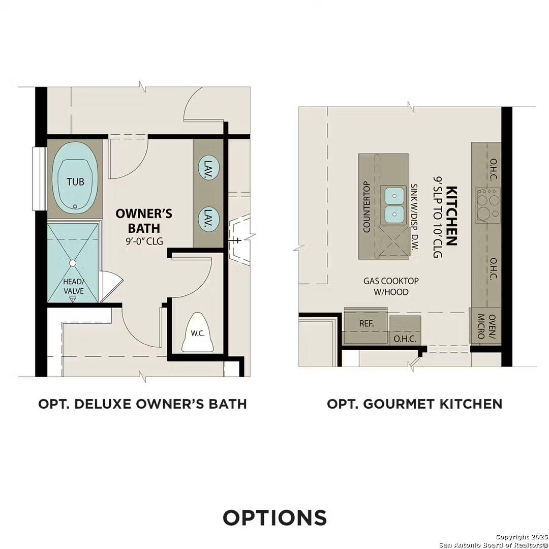 Floor plan options for deluxe owner's bath with tub, shower and gourmet kitchen with island in Davidson Homes Sequoia A, San Antonio