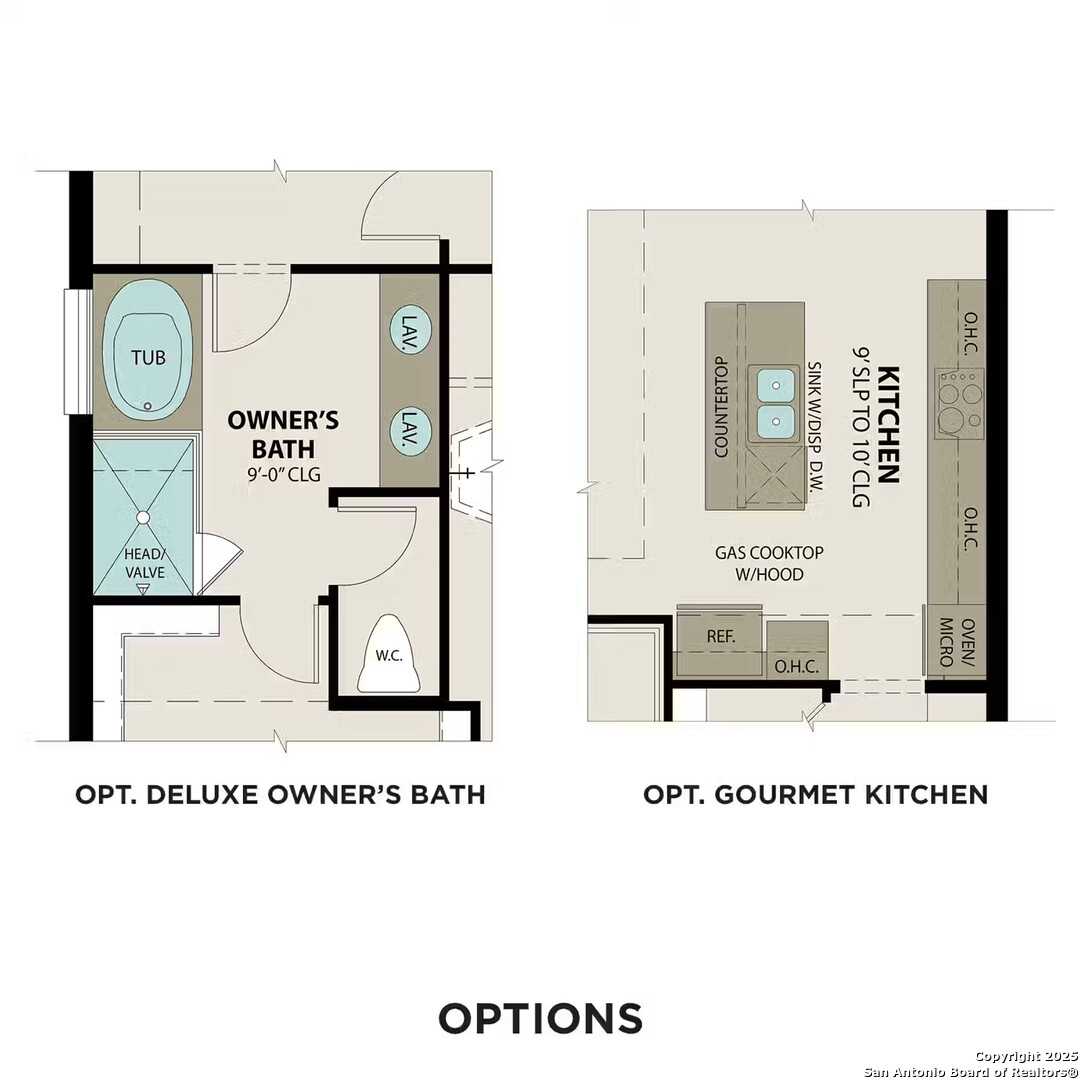 Floor plan options for deluxe owner's bath with tub, shower and gourmet kitchen with island in Davidson Homes Sequoia A, San Antonio
