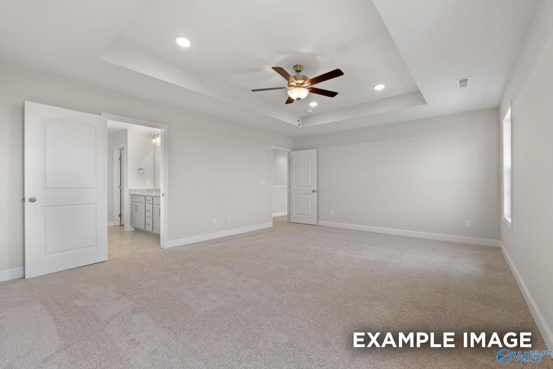 Spacious master bedroom with en-suite bath, tray ceiling, ceiling fan in Davidson Homes Madison A, Toney, Alabama