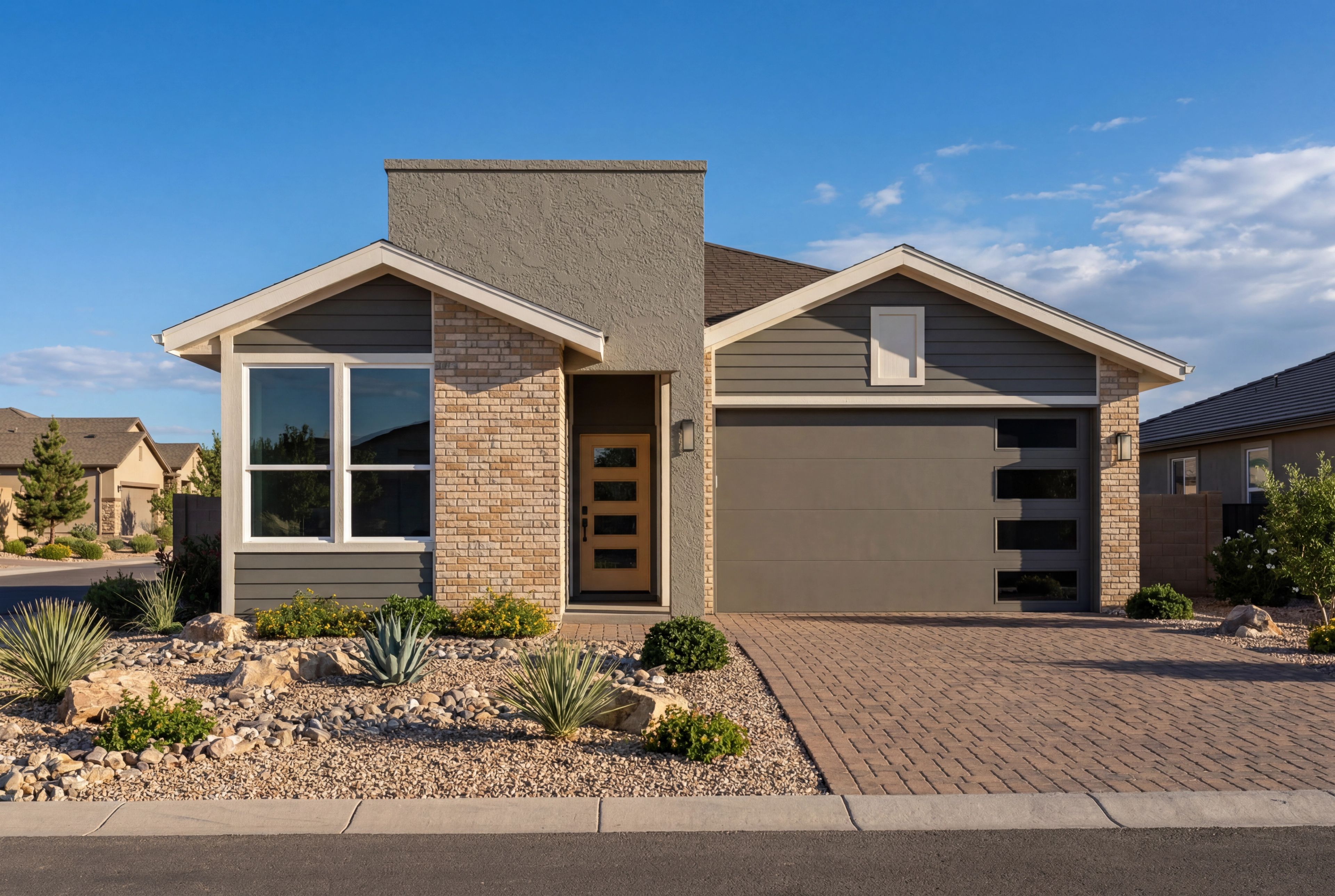 Modern single-story exterior of The Newport in Prescott, AZ, featuring stone and siding finishes and 2-car garage.