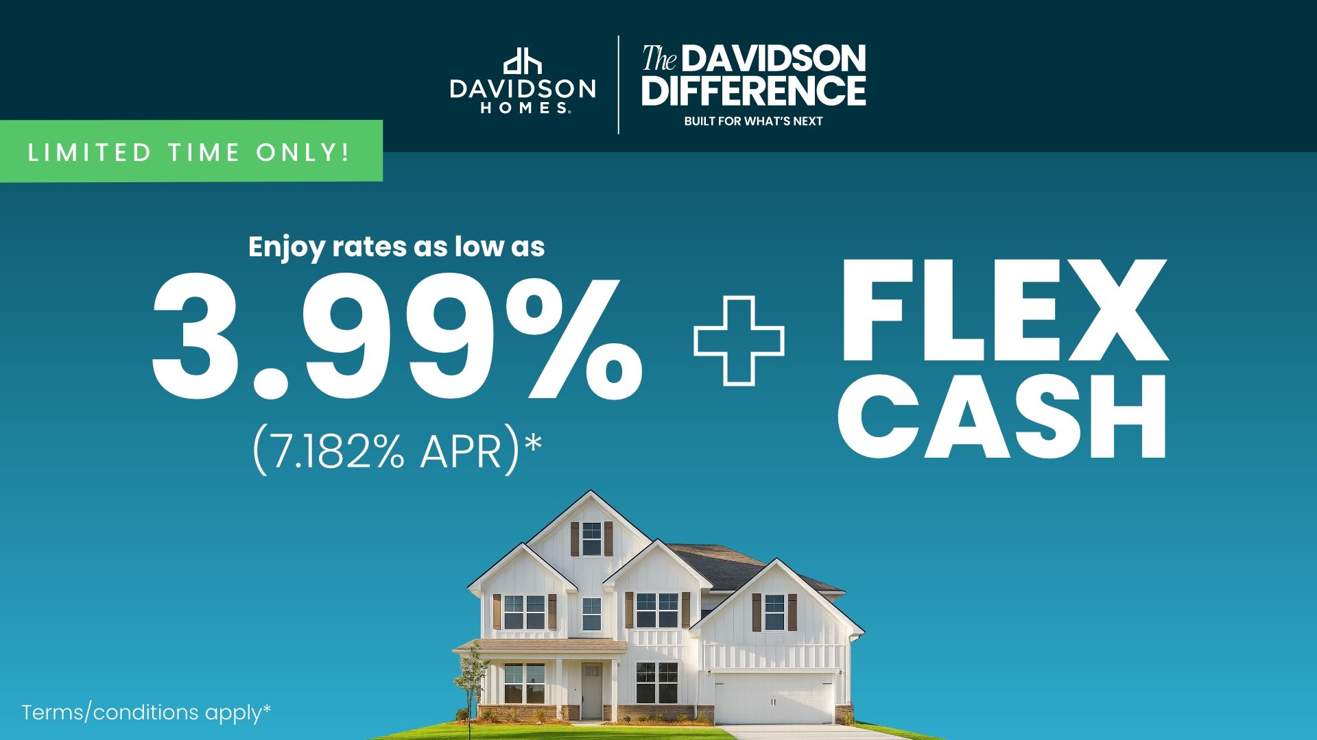 Promotional graphic for Huntsville homebuilder 2-1 interest rate buydown offer with Red, White & New savings event branding.