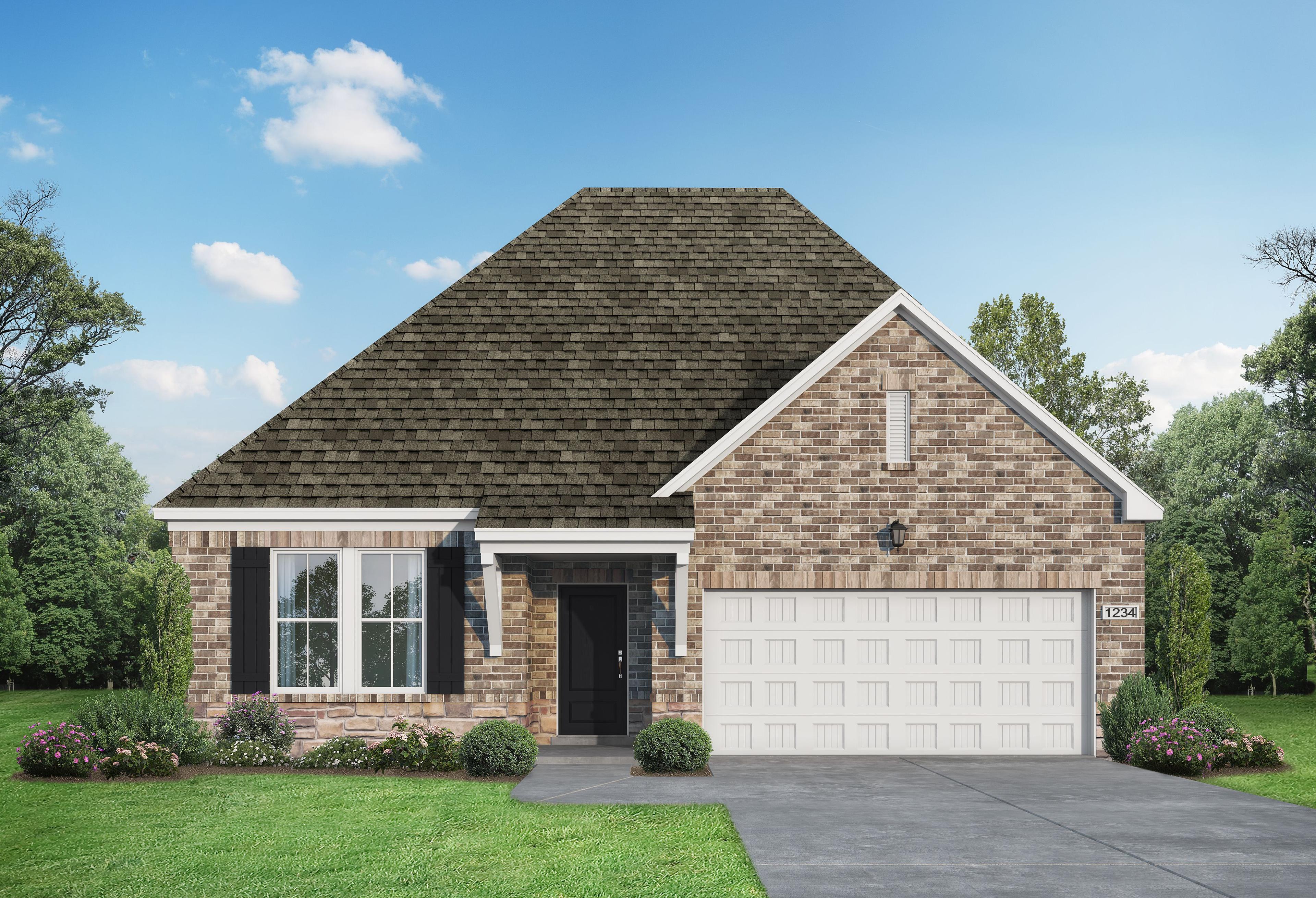 The Laurel M single-story brick home elevation in Cullman Alabama with gabled roof, attached garage, and landscaped front yard