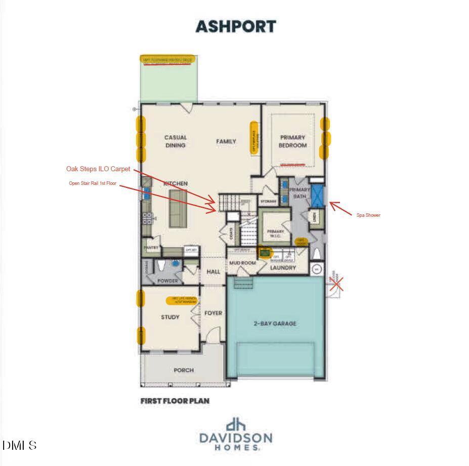 First floor plan of Ashport L by Davidson Homes: primary bedroom suite, open kitchen, family room, 2-bay garage in Wake Forest, NC
