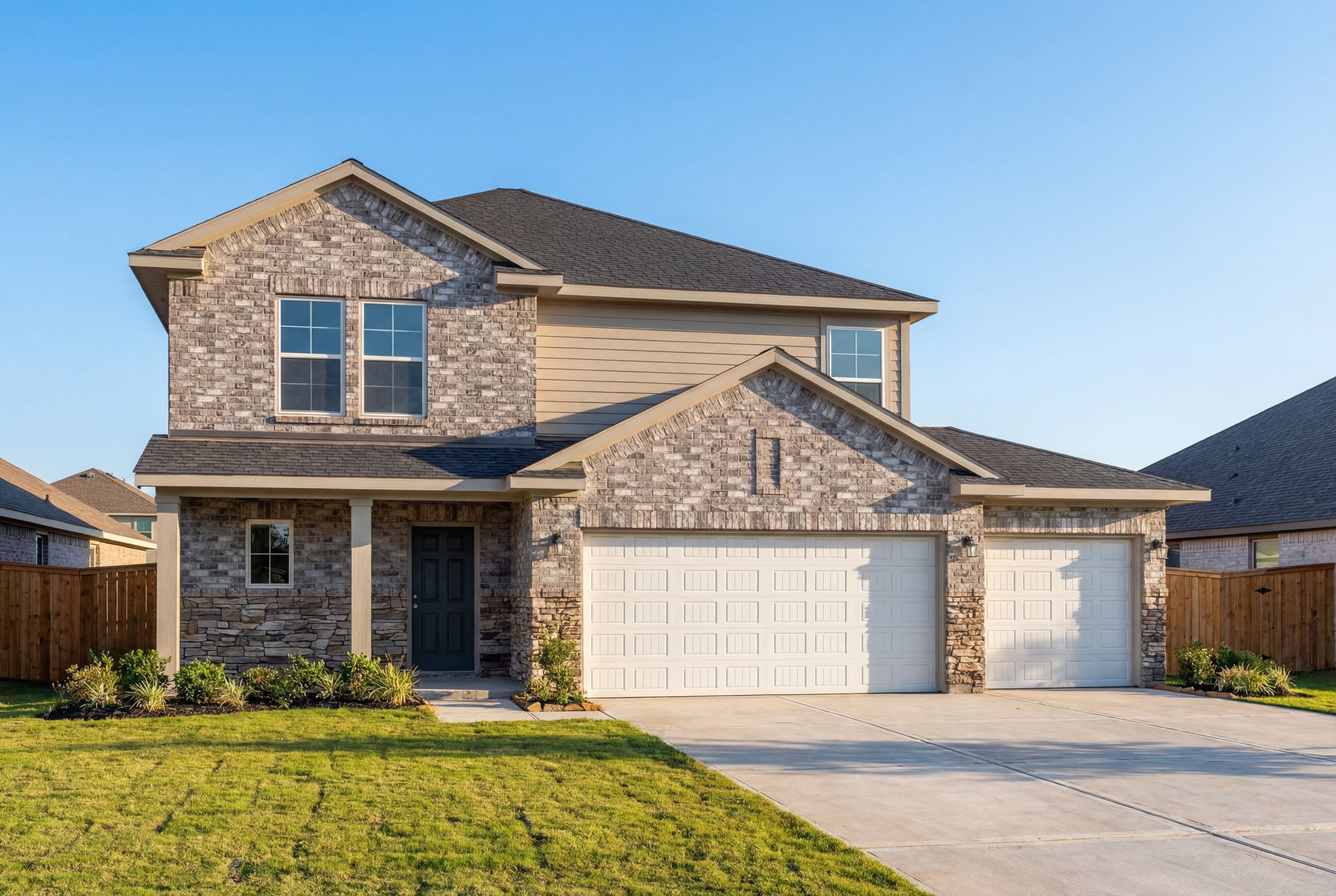 Two-story Tierra B home elevation with brick and siding facade, covered porch, and 3-car garage in Dayton Texas
