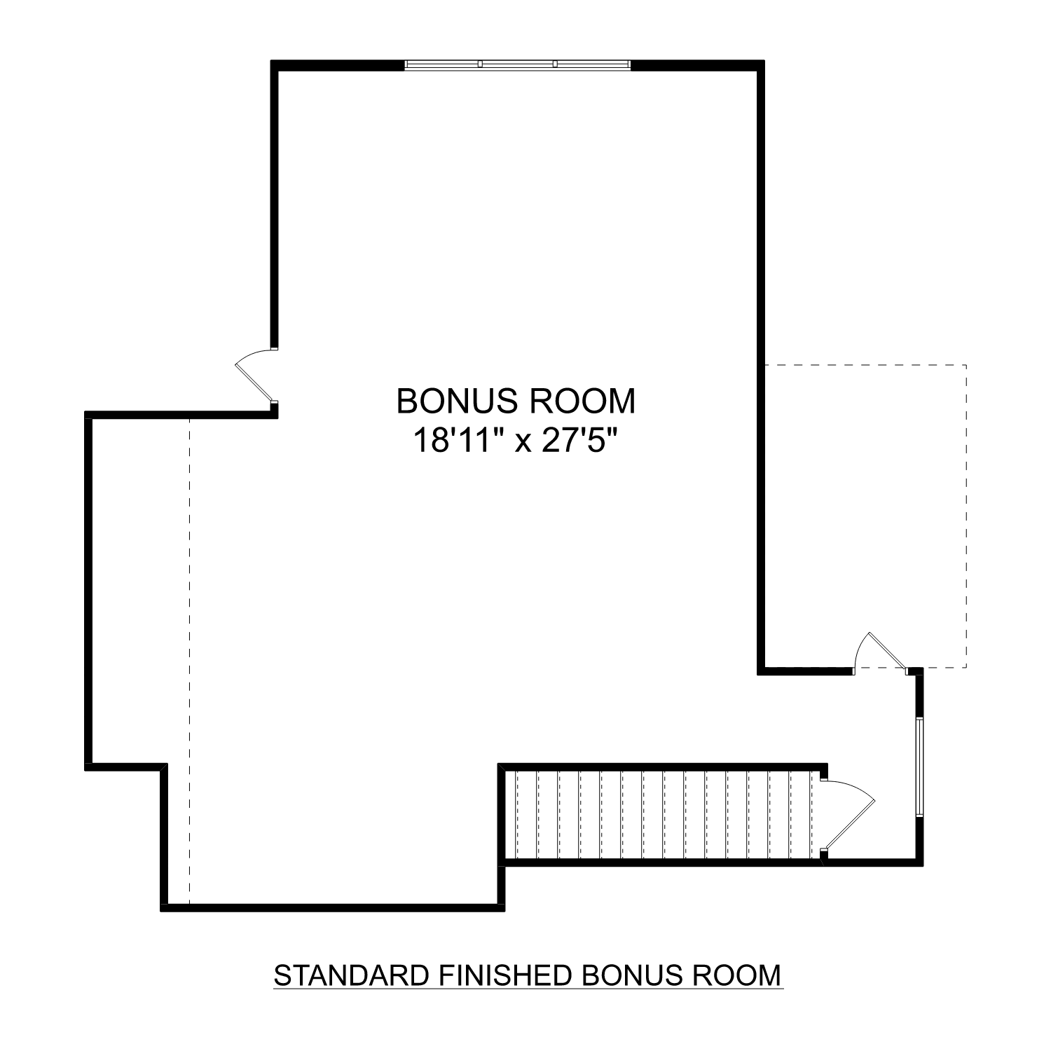 Spacious bonus room floor plan in The Montgomery C home design, 18'1" x 27'5" with staircase access
