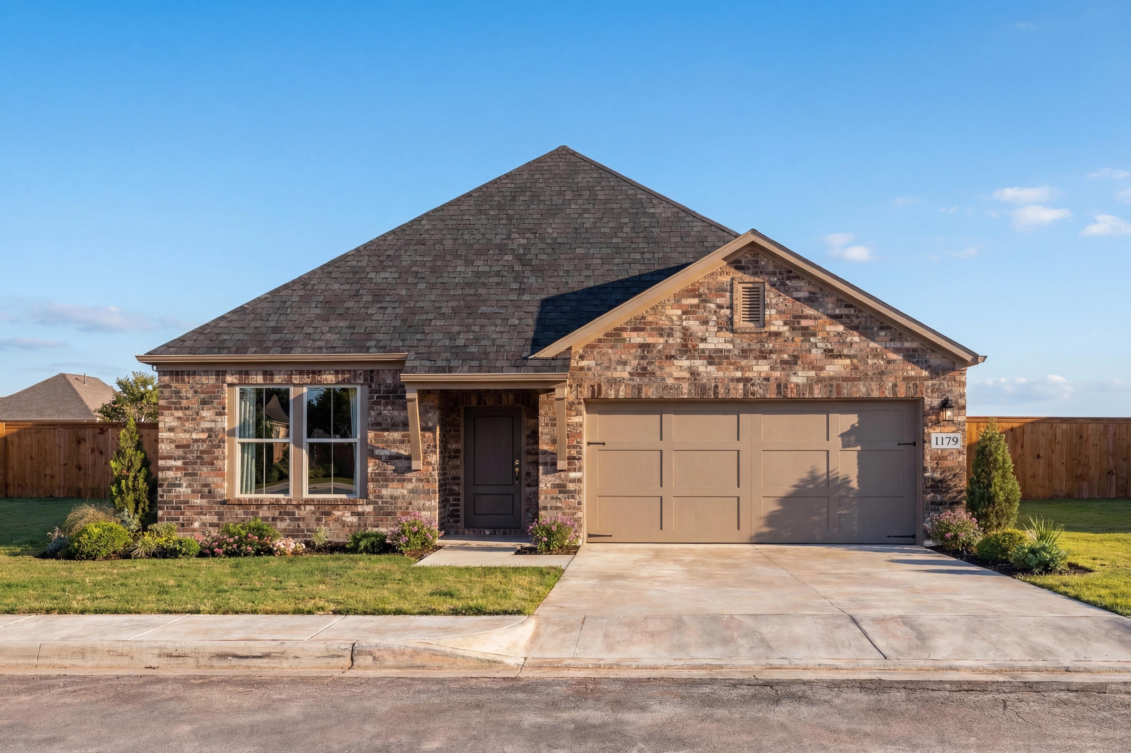 Brick facade of The Laurel H 3-bedroom single-story home with 2-car garage and landscaped yard, Heartland Texas