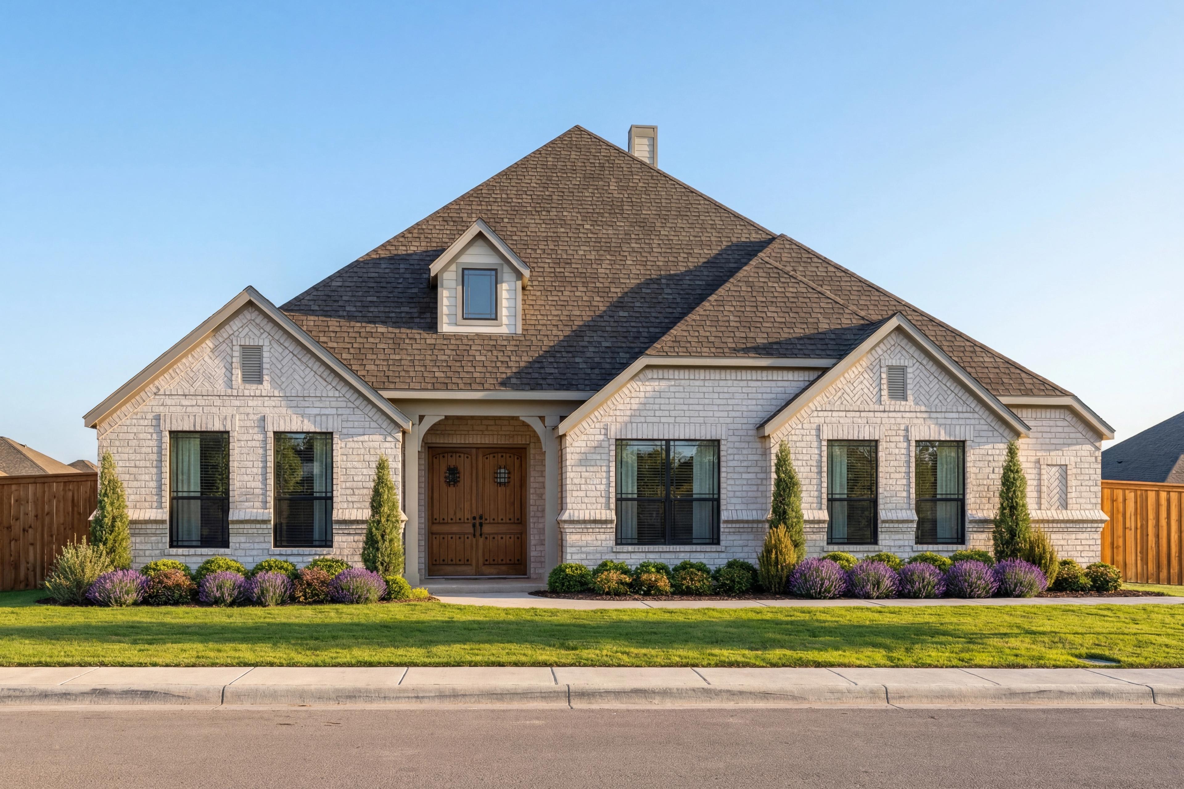 Spacious single-story brick exterior of The Summerlin A with gabled roof, double doors, large windows, and landscaped yard in Castroville