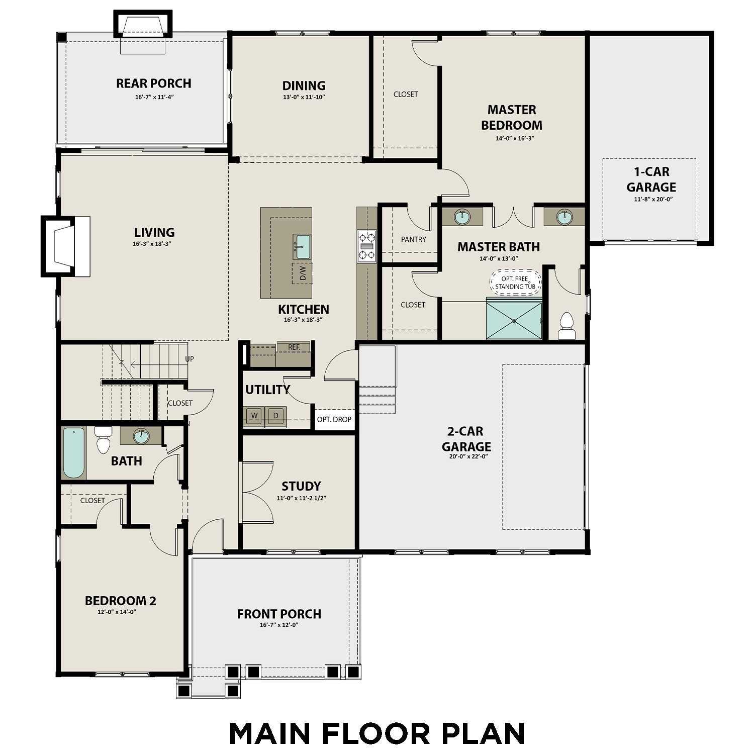 Main floor plan of The Hathaway 4-bedroom home: open kitchen, living, dining, master suite, study, 3-car garage in Shelton Square, Murfreesboro