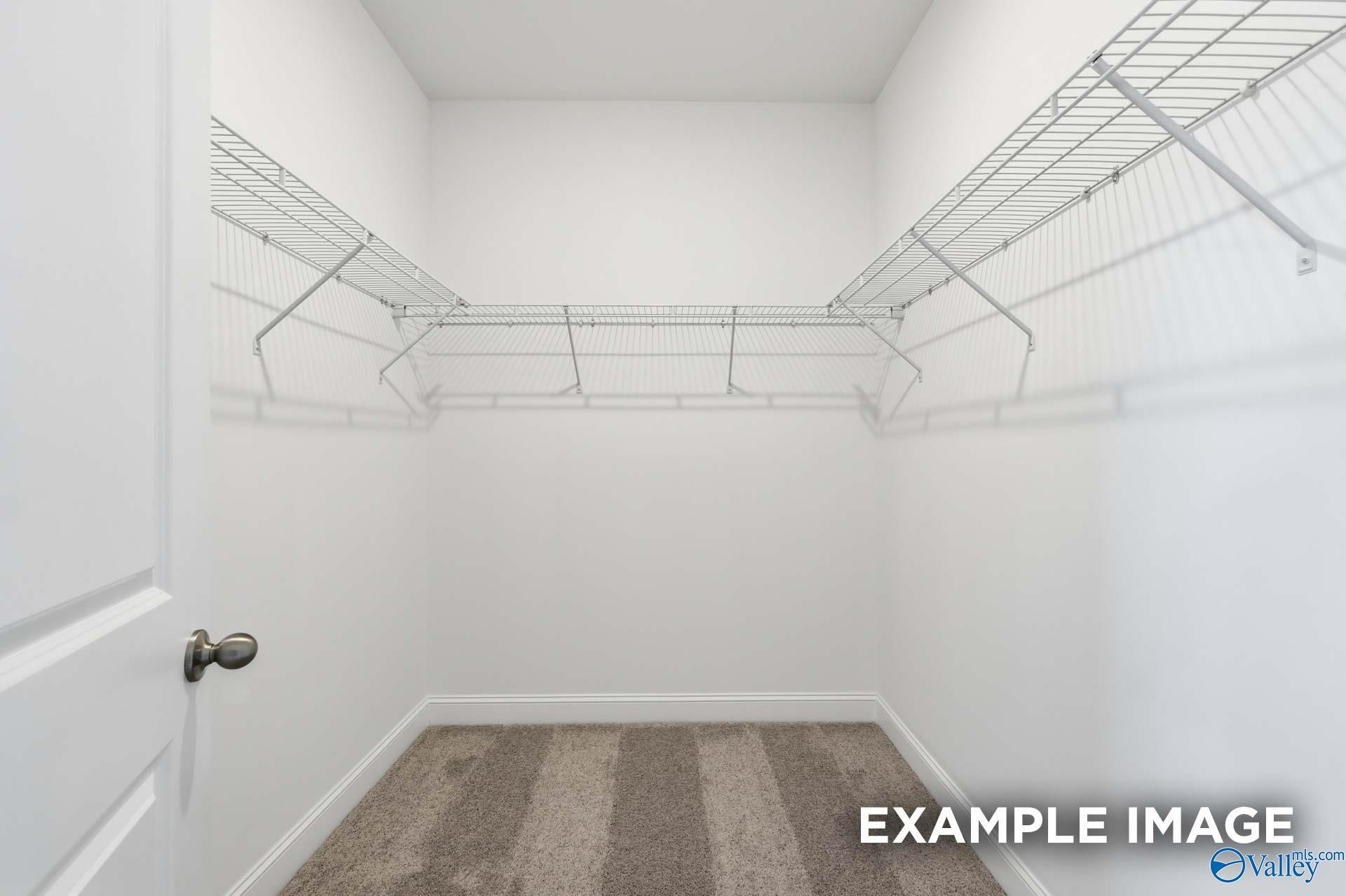 Walk-in closet with white wire shelving and plush carpeting in The Valencia floor plan by Davidson Homes in Meridianville.