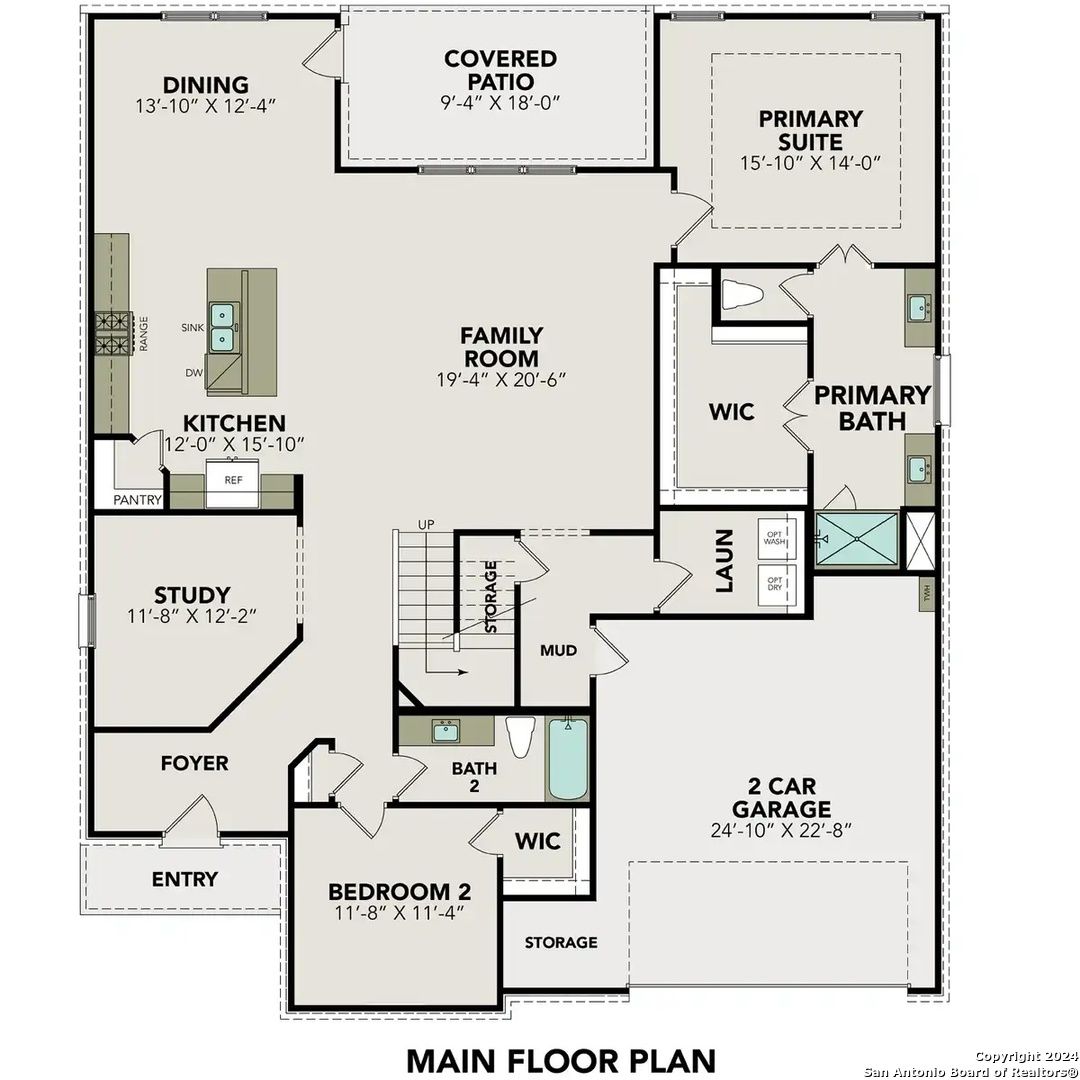 The Jennings G main floor plan: open kitchen, family room, primary suite, 2-car garage in 5-bed Davidson Homes, Ladera, San Antonio